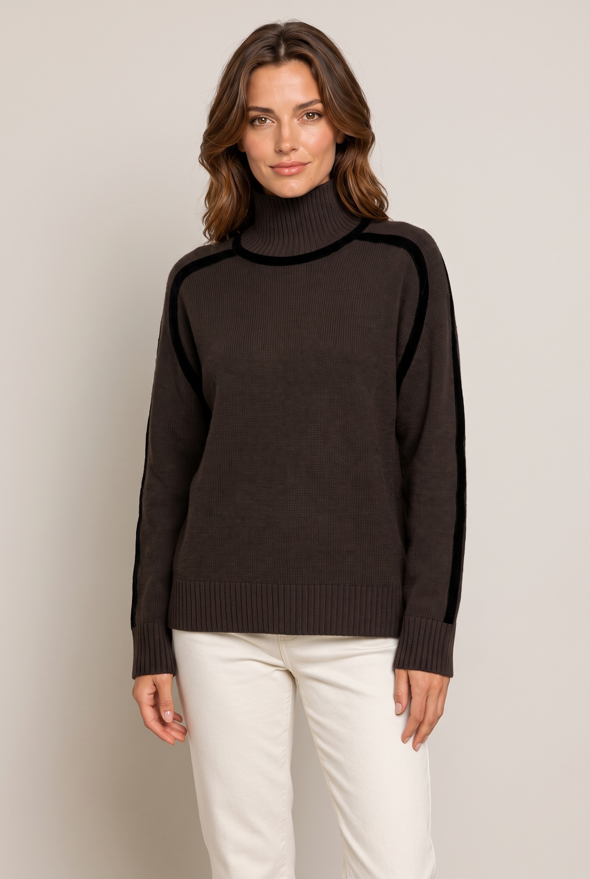 Elena Women's Contrast-Trim Turtleneck Sweater in Brown, on model