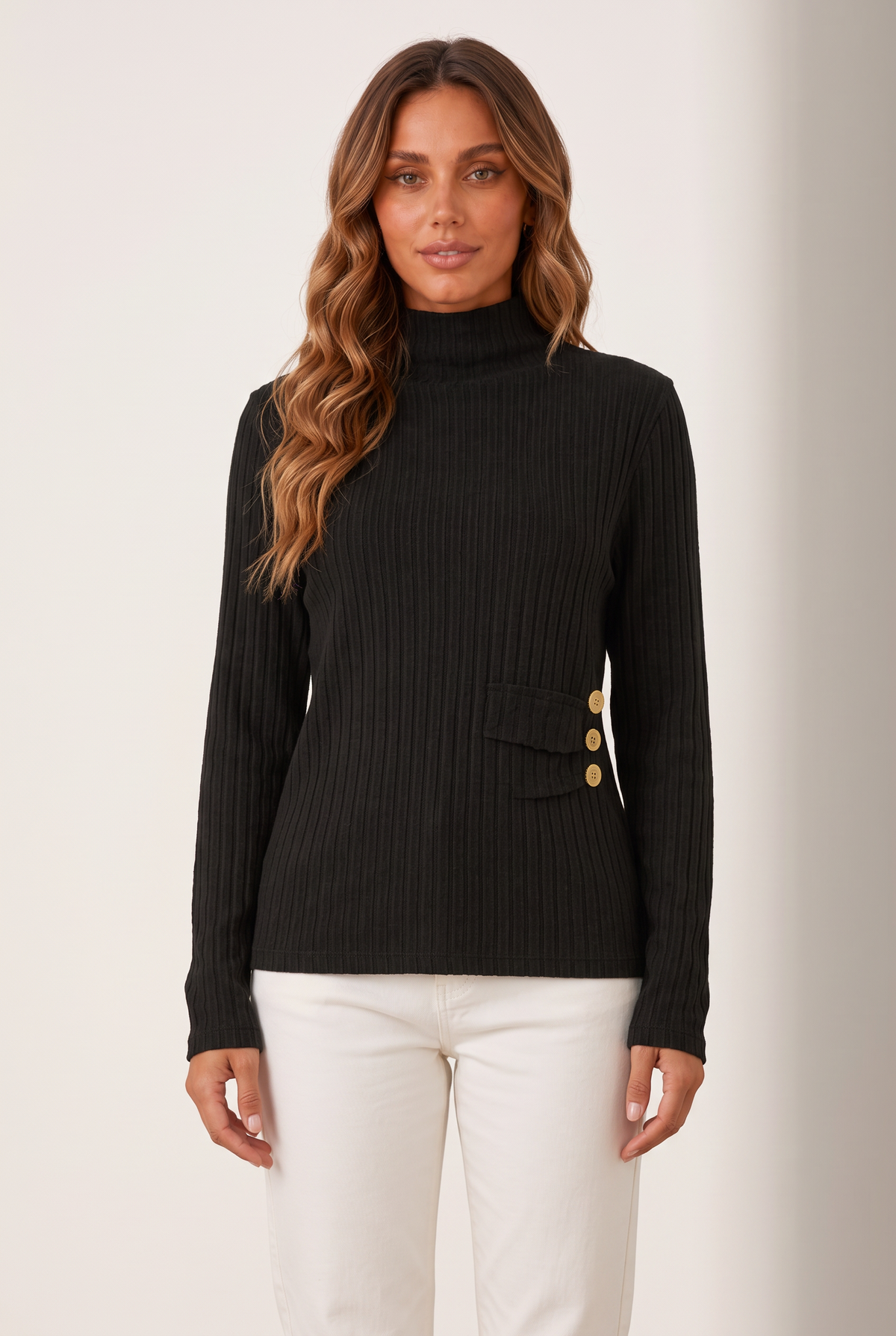 Elise Women's Ribbed Knit Button Turtleneck Sweater in Black, on model