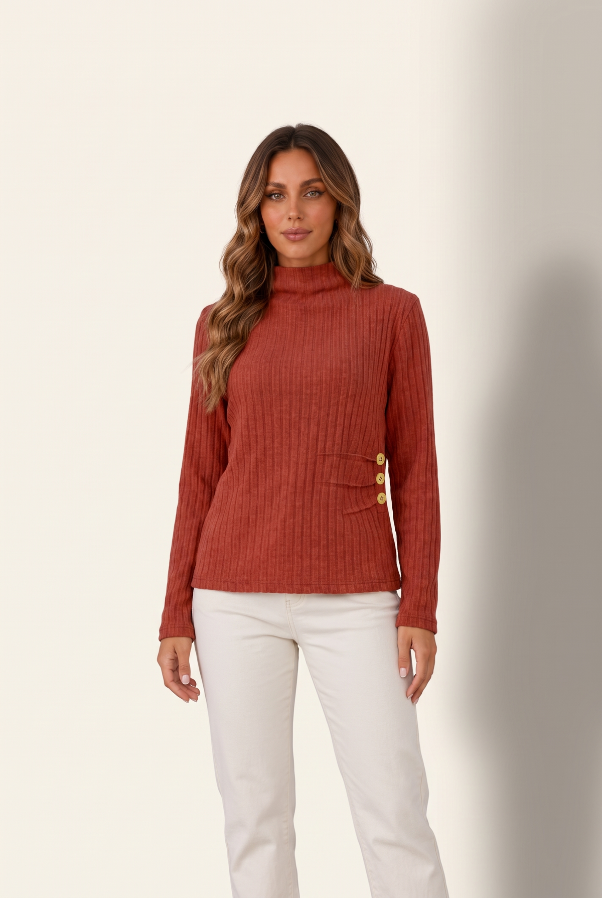 Elise Women's Ribbed Knit Button Turtleneck Sweater in Red, on model