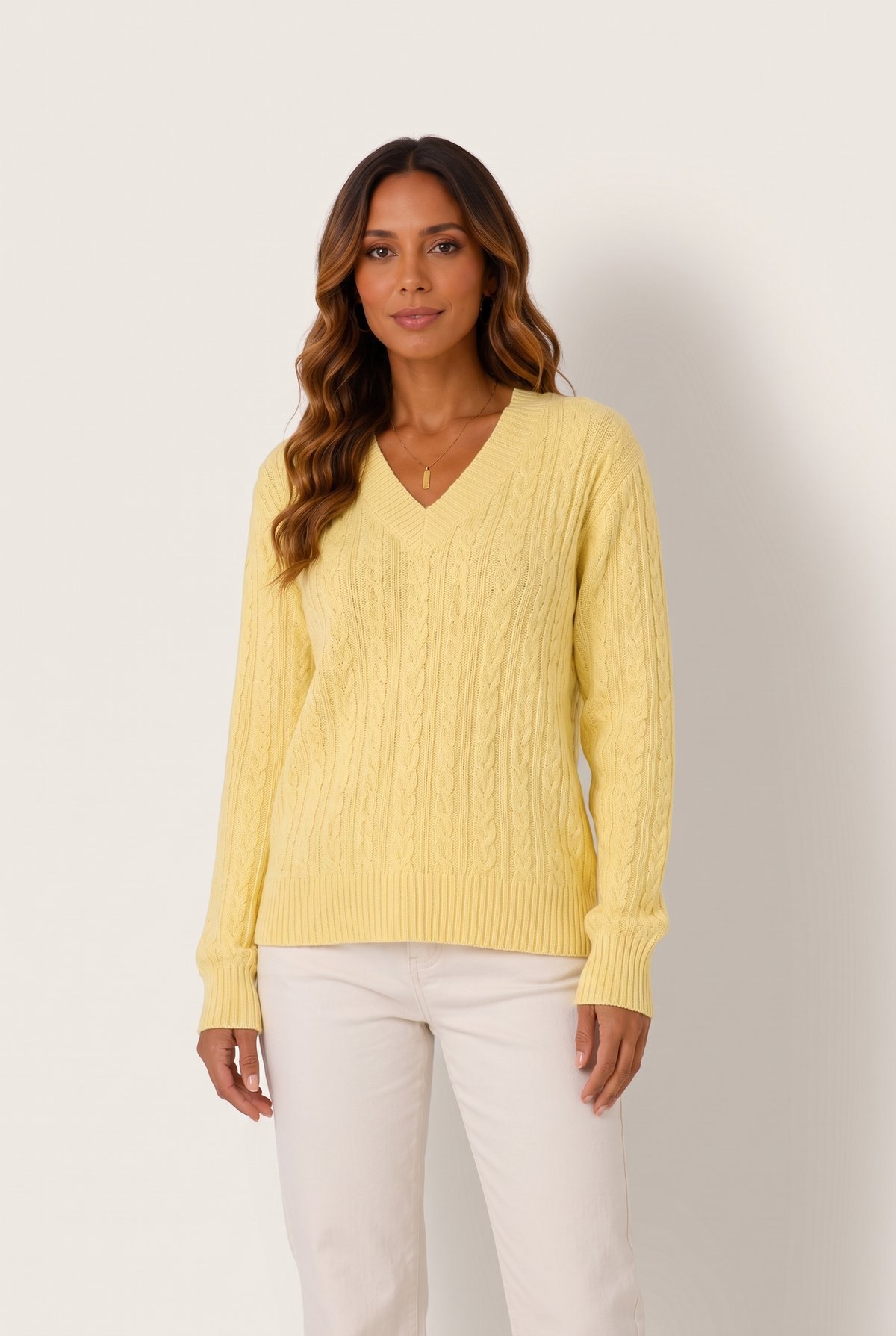 Sophia Women's Cable-Knit V-Neck Winter Sweater in Yellow, on model