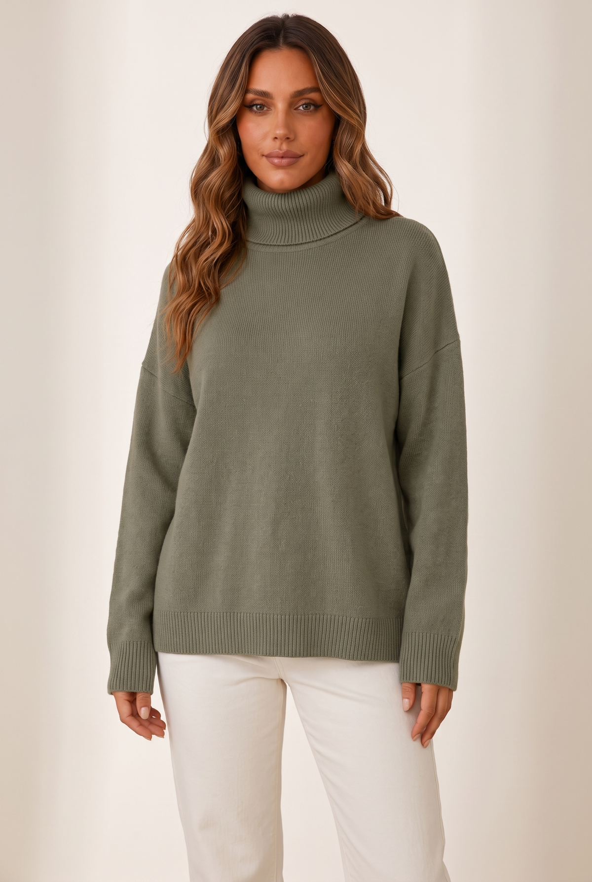 Lena Women's Relaxed Knit Turtleneck Sweater in Green, on model