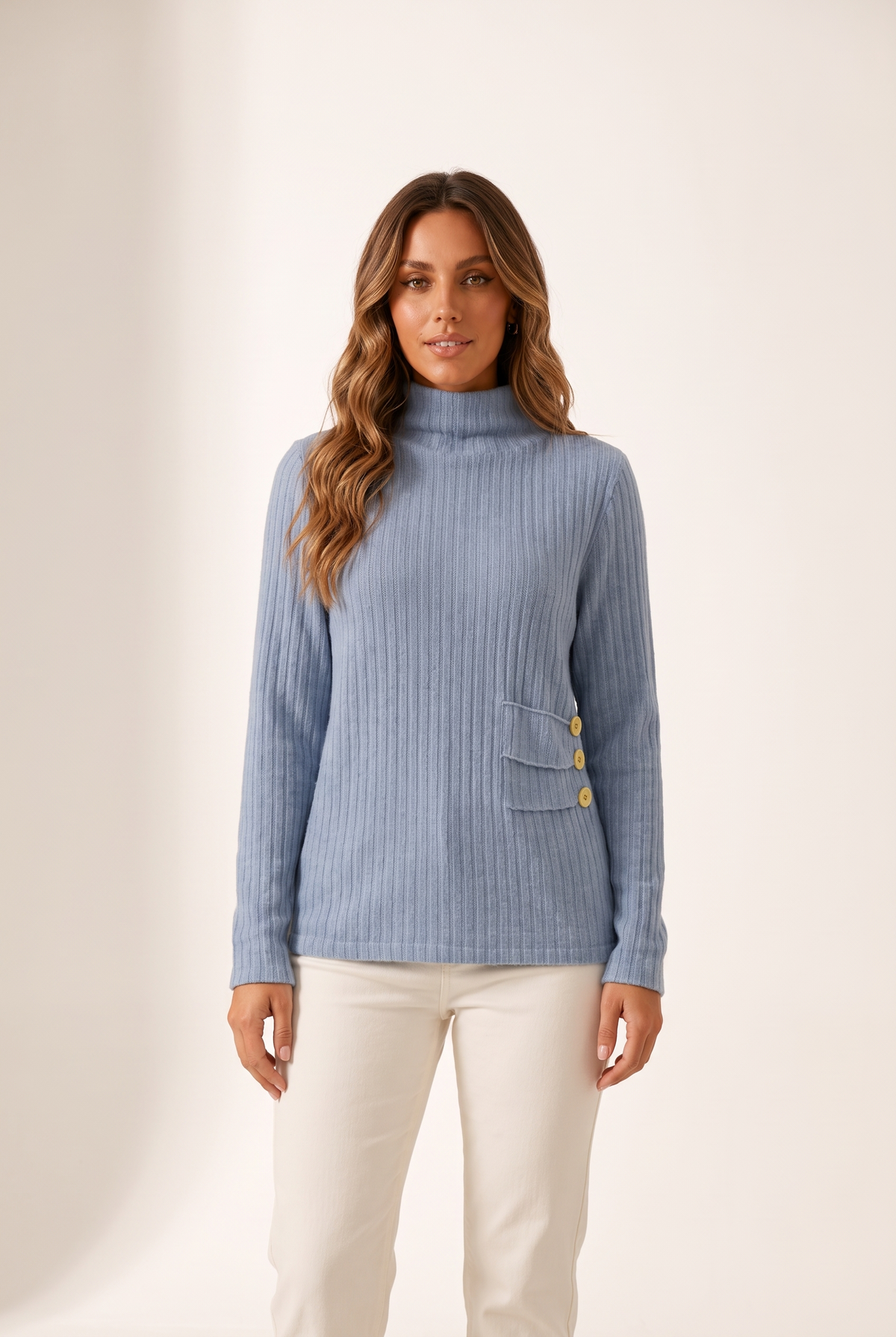 Elise Women's Ribbed Knit Button Turtleneck Sweater in Blue, on model