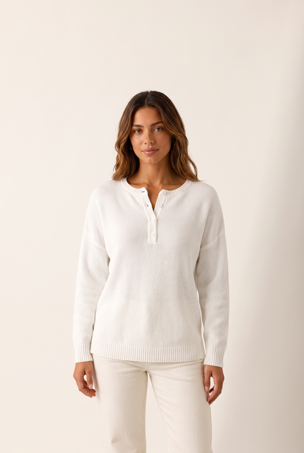Maya Women's Button-Neck Knit Sweater in White, on model