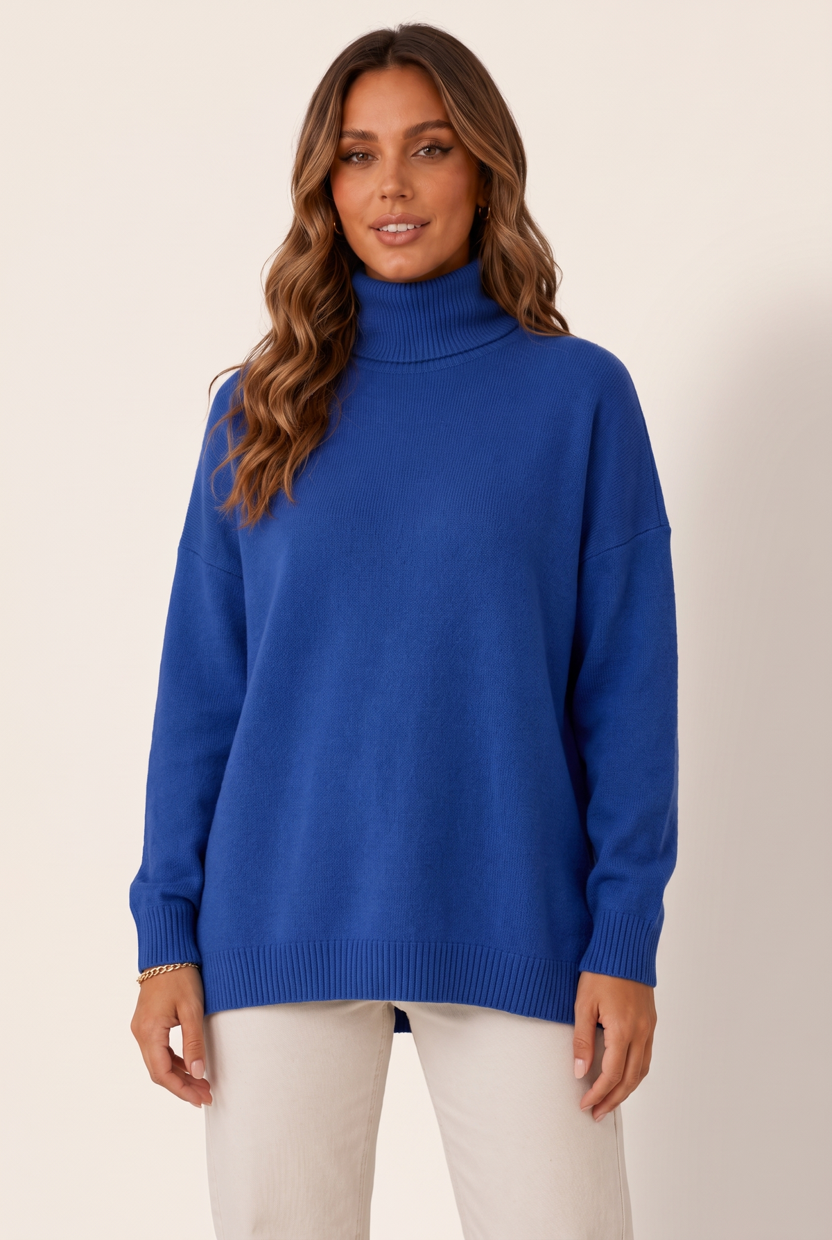 Lena Women's Relaxed Knit Turtleneck Sweater in Blue, on model