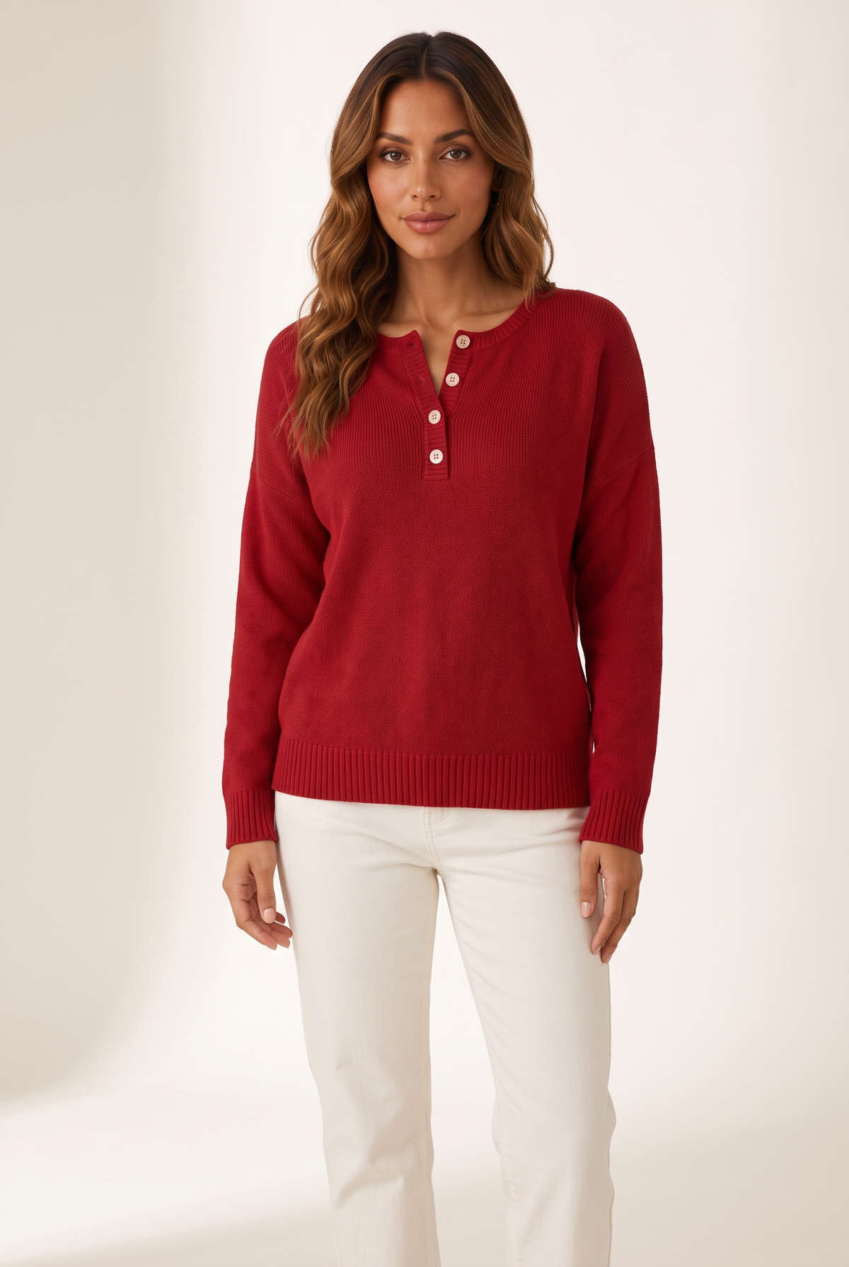 Maya Women's Button-Neck Knit Sweater in Red, on model