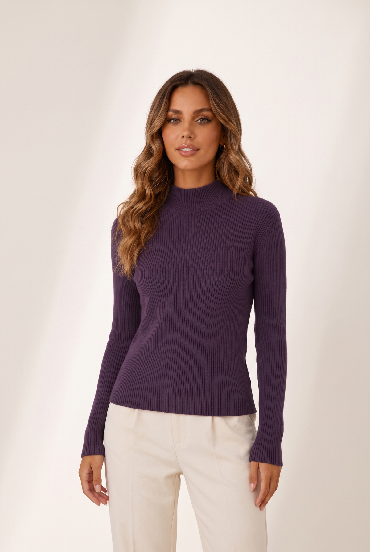 Clara Women's Knit Mock-Neck Sweater in Purple, on model
