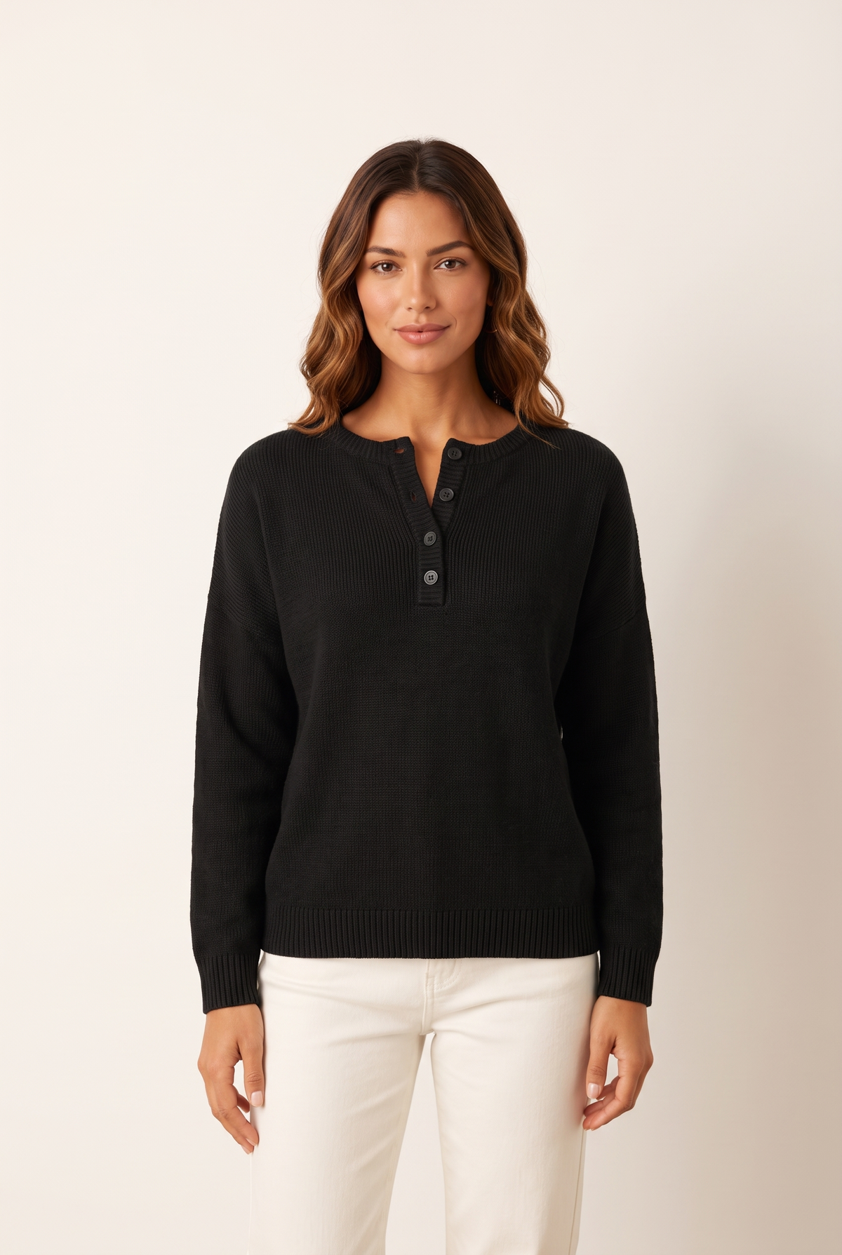 Maya Women's Button-Neck Knit Sweater in Black, on model