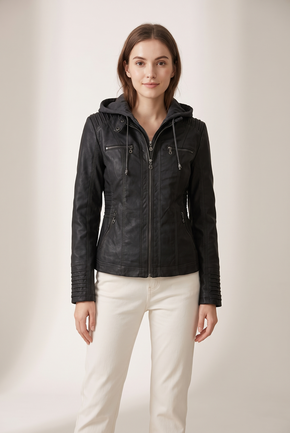 Olivia Women's Hooded Moto Faux Leather with Removable Hood Jacket in Black, on model