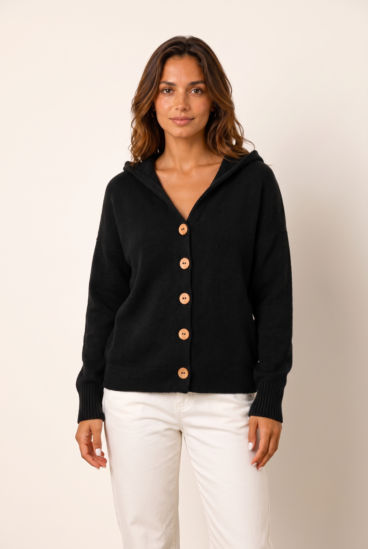 Lize Women's Relaxed-Fit Hooded Knit Cardigan in Black, on model