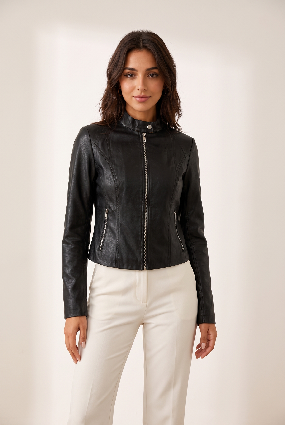 Sienna Women's Cropped Faux Leather Moto Jacket in Black, on model