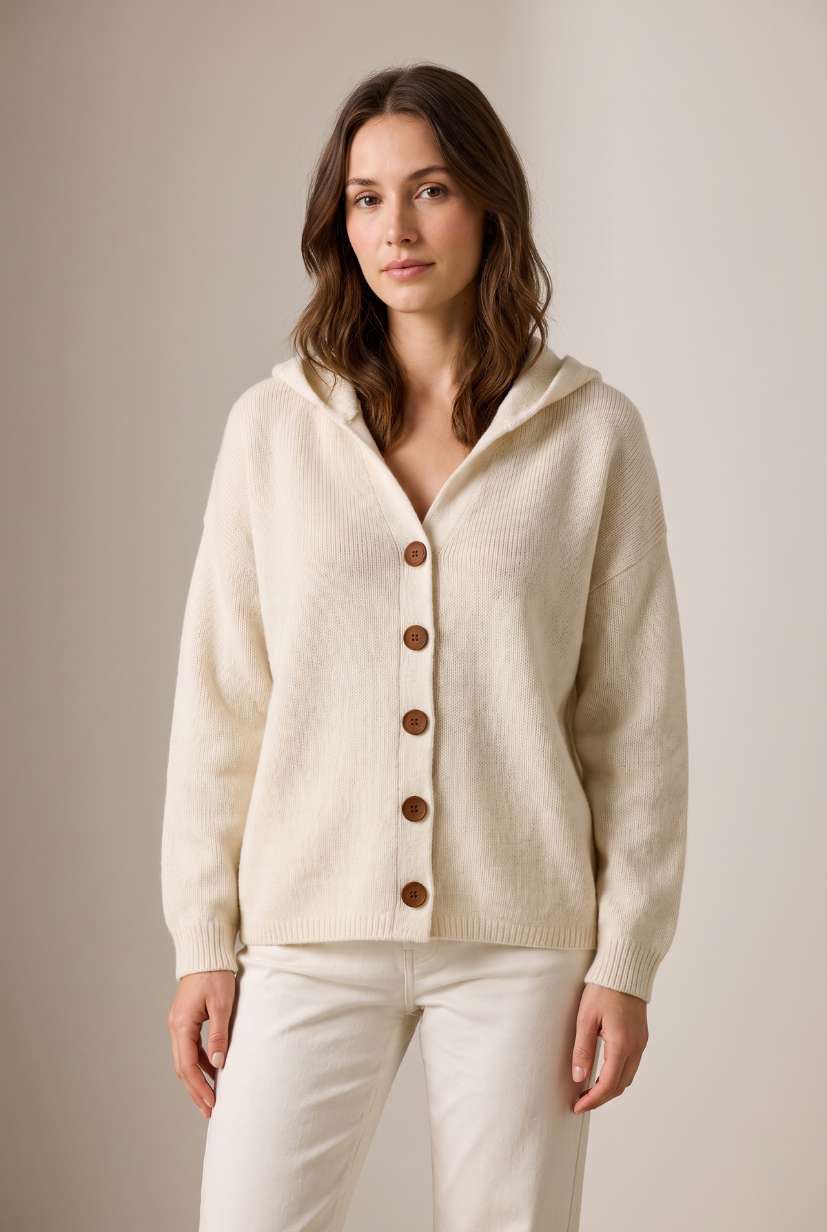 Lize Women's Relaxed-Fit Hooded Knit Cardigan in Beige, on model