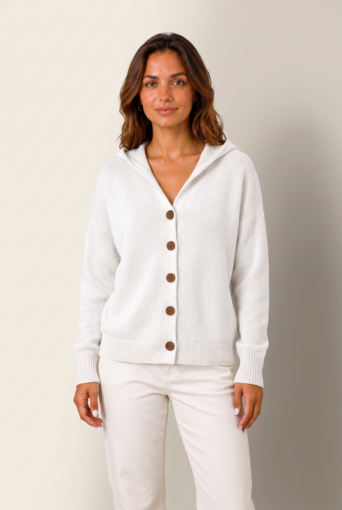 Lize Women's Relaxed-Fit Hooded Knit Cardigan in White, on model