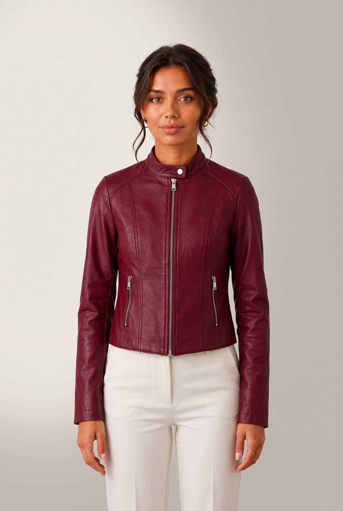 Sienna Women's Cropped Faux Leather Moto Jacket in Red, on model