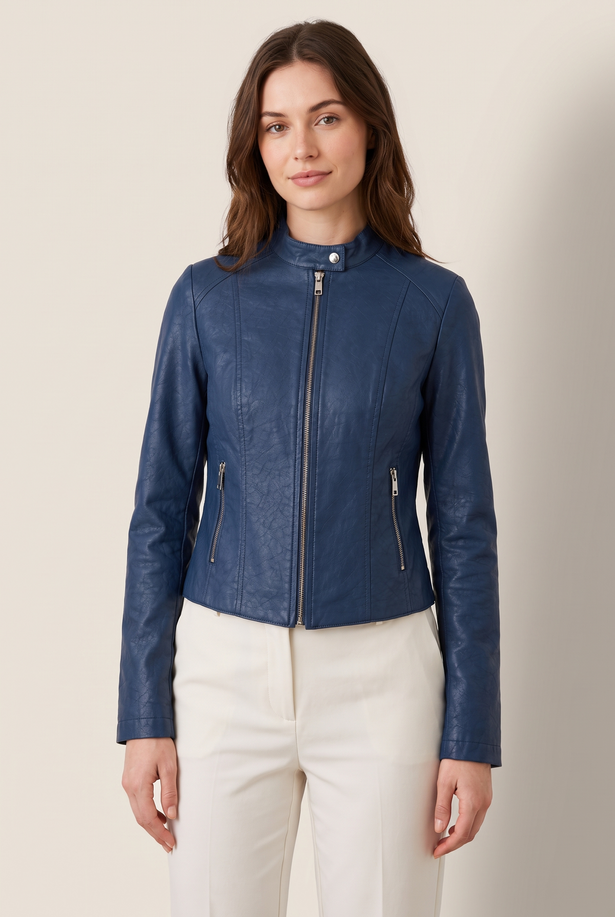 Sienna Women's Cropped Faux Leather Moto Jacket in Blue, on model