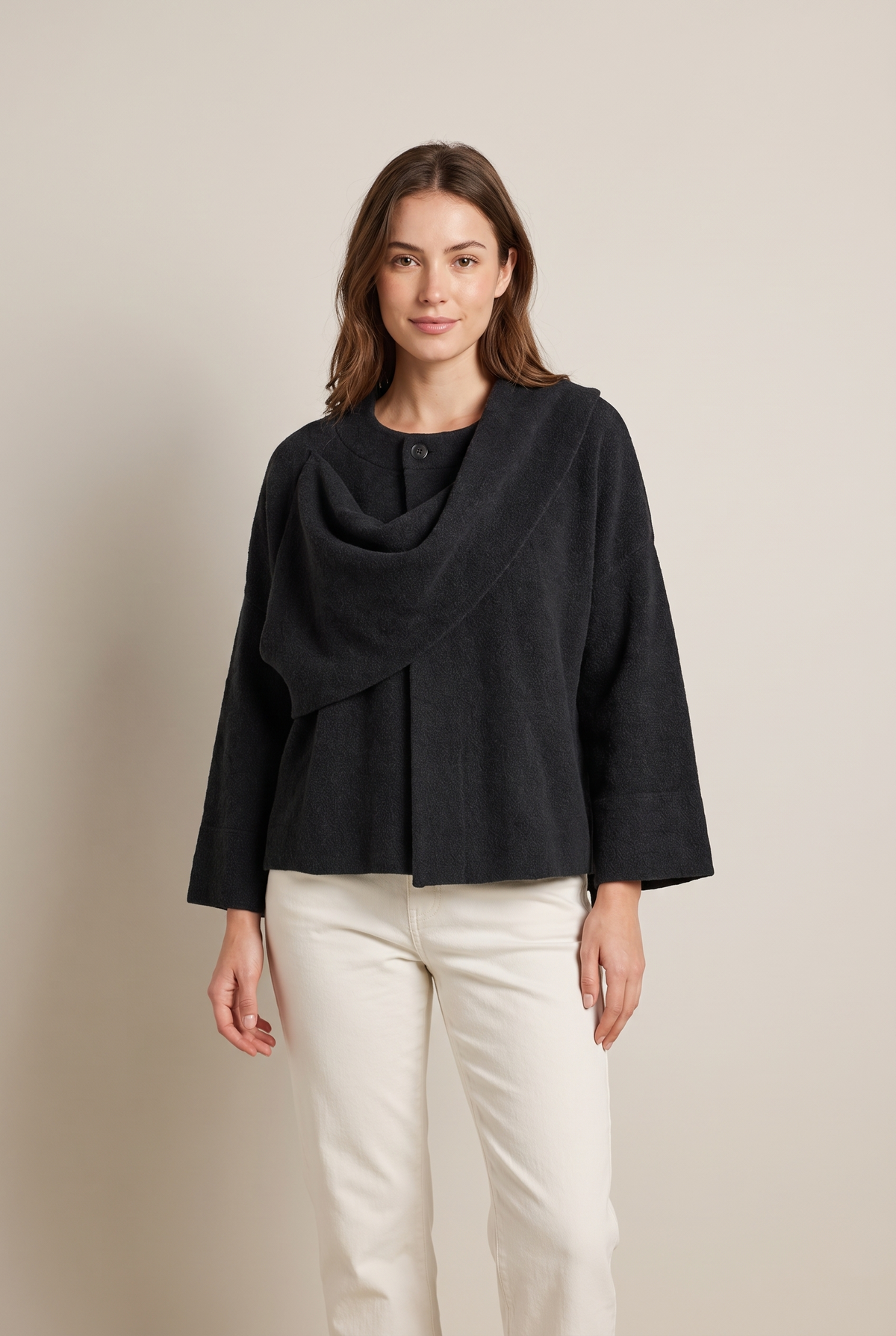 Serena Women's Scarf-Collar Knit Jacket in Black, on model