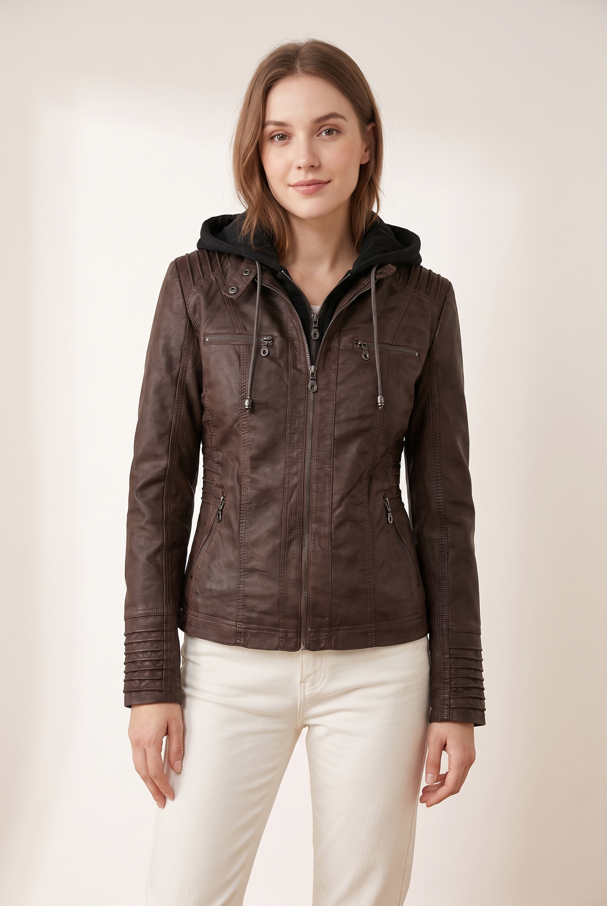 Olivia Women's Hooded Moto Faux Leather with Removable Hood Jacket in Dark Brown, on model