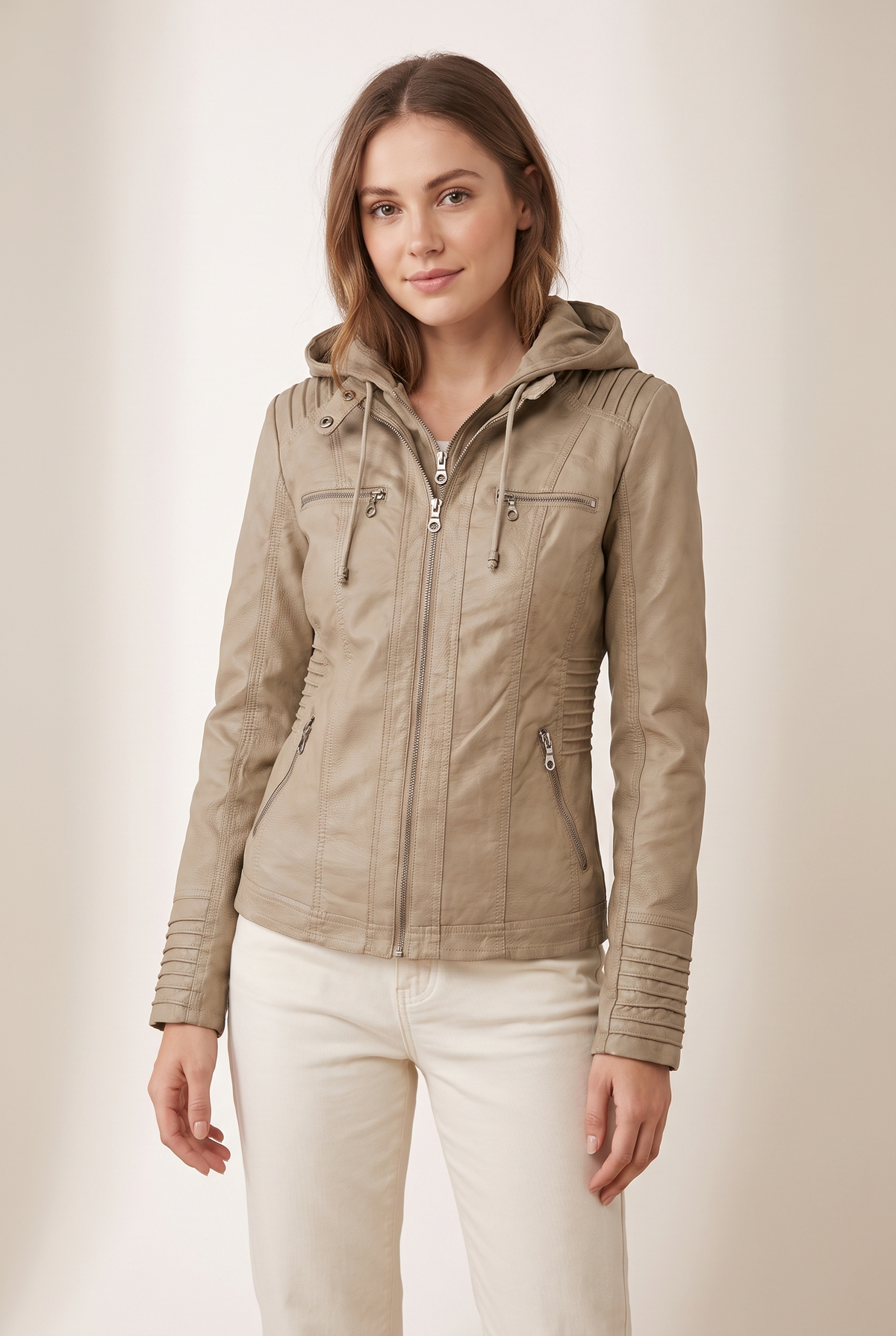 Olivia Women's Hooded Moto Faux Leather with Removable Hood Jacket in Beige, on model