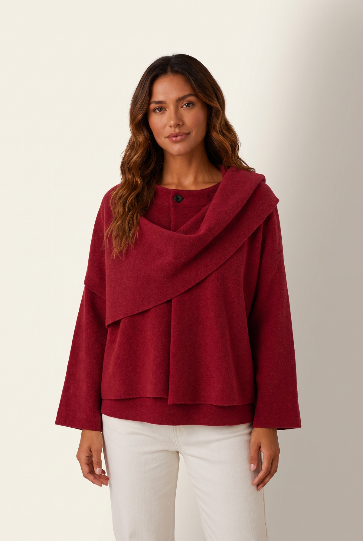 Serena Women's Scarf-Collar Knit Jacket in Red, on model