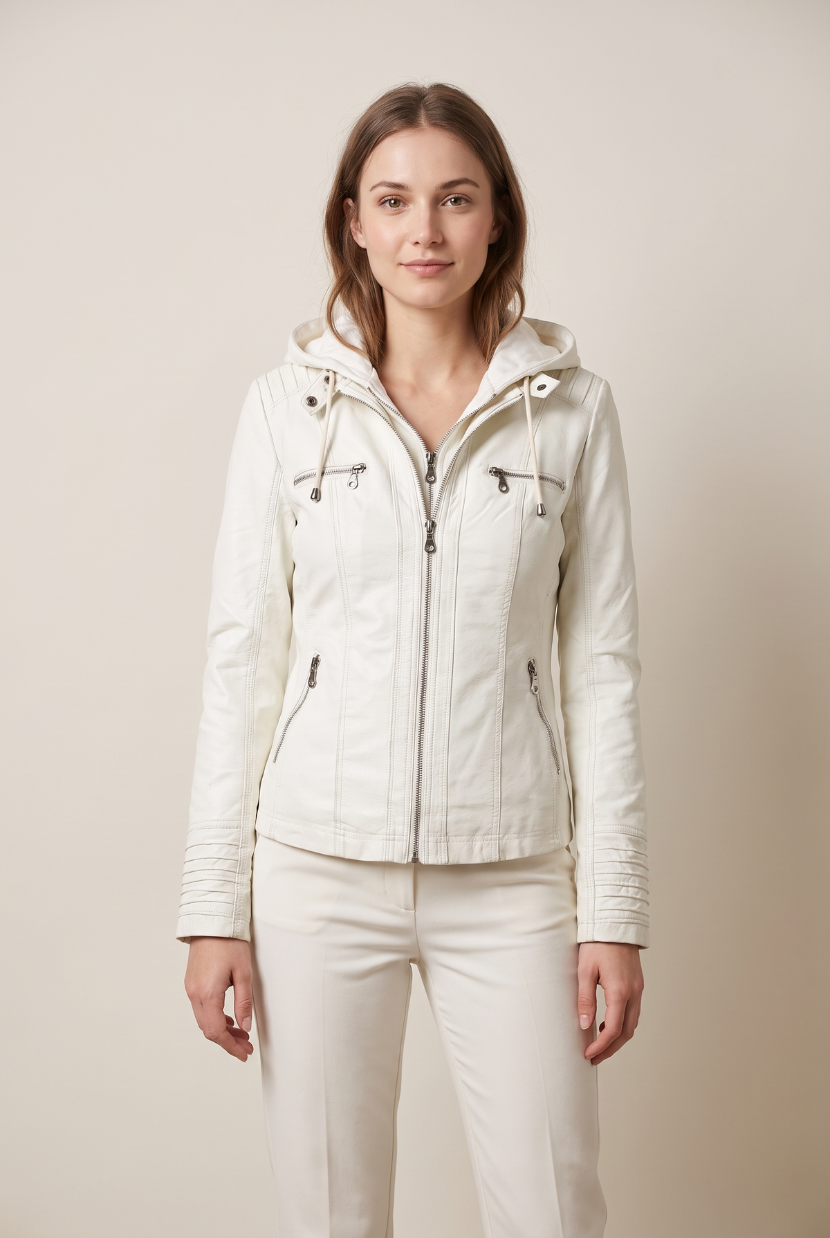 Olivia Women's Hooded Moto Faux Leather with Removable Hood Jacket in White, on model