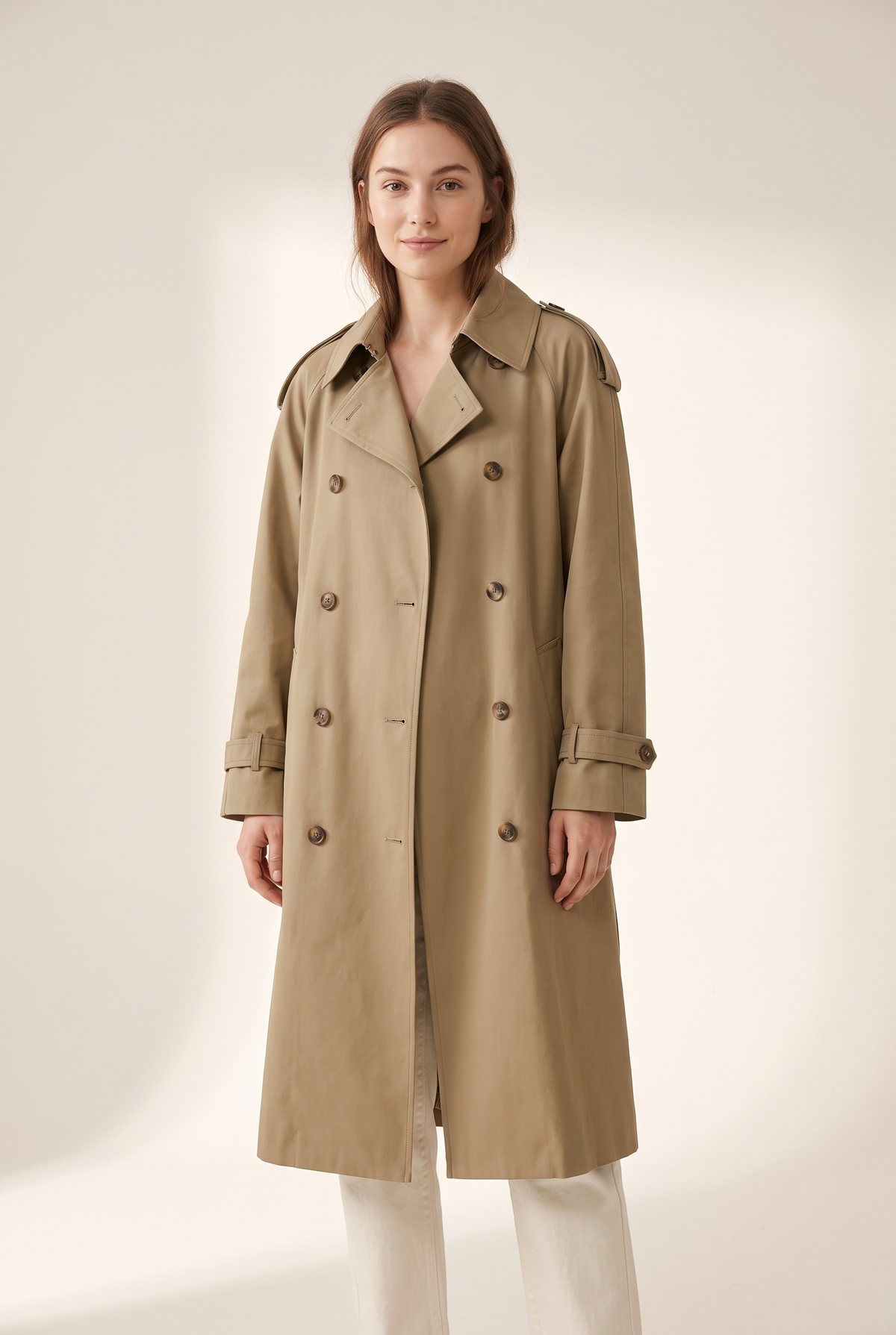 Women's Trench Jacket Double-Breasted in Khaki, on model