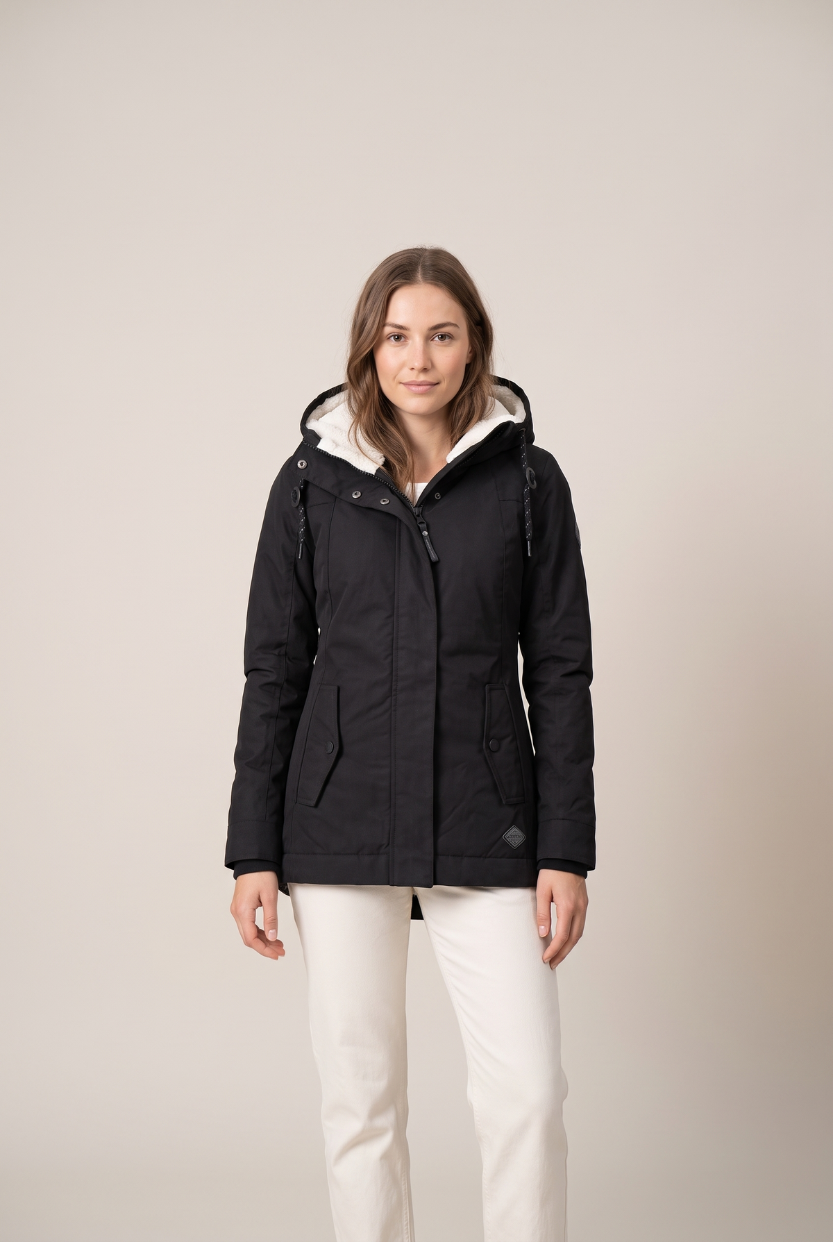 Women's Quilted Jacket Sherpa-Lined Hooded in Black, on model
