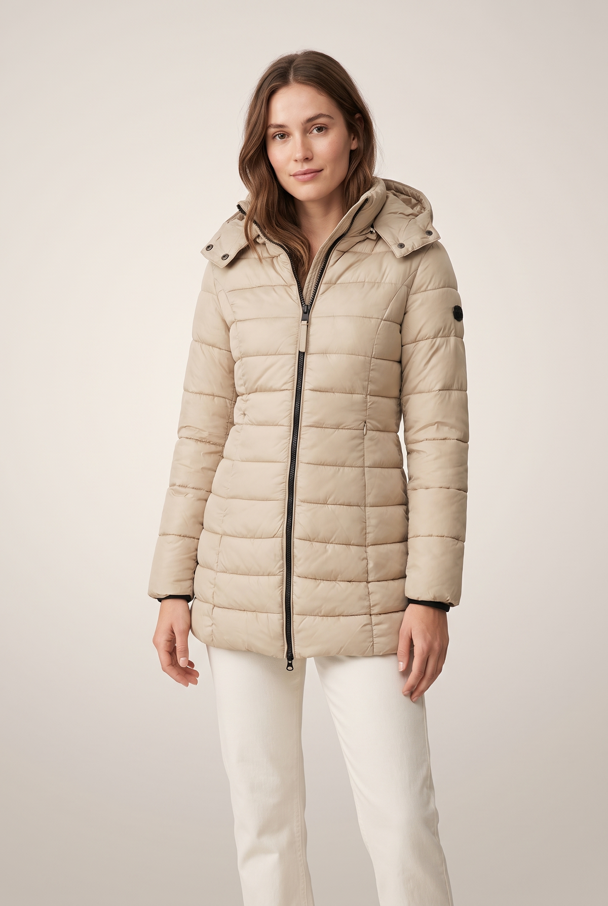 Women's Puffer Jacket Hooded Quilted in Khaki, on model