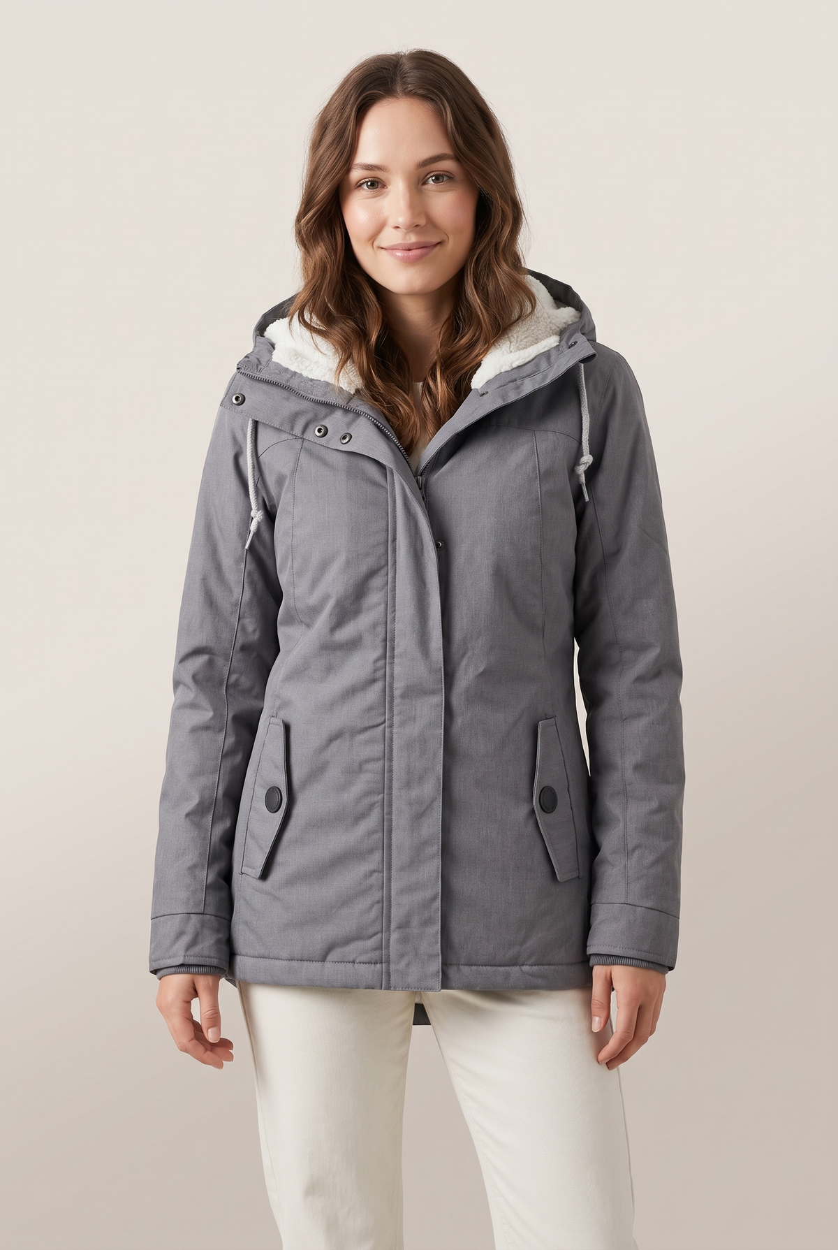 Women's Quilted Jacket Sherpa-Lined Hooded in Gray, on model