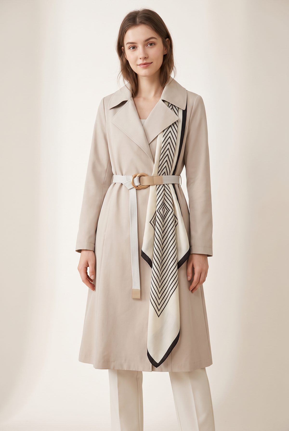 Women's Trench Jacket Belted Classic in Beige, on model