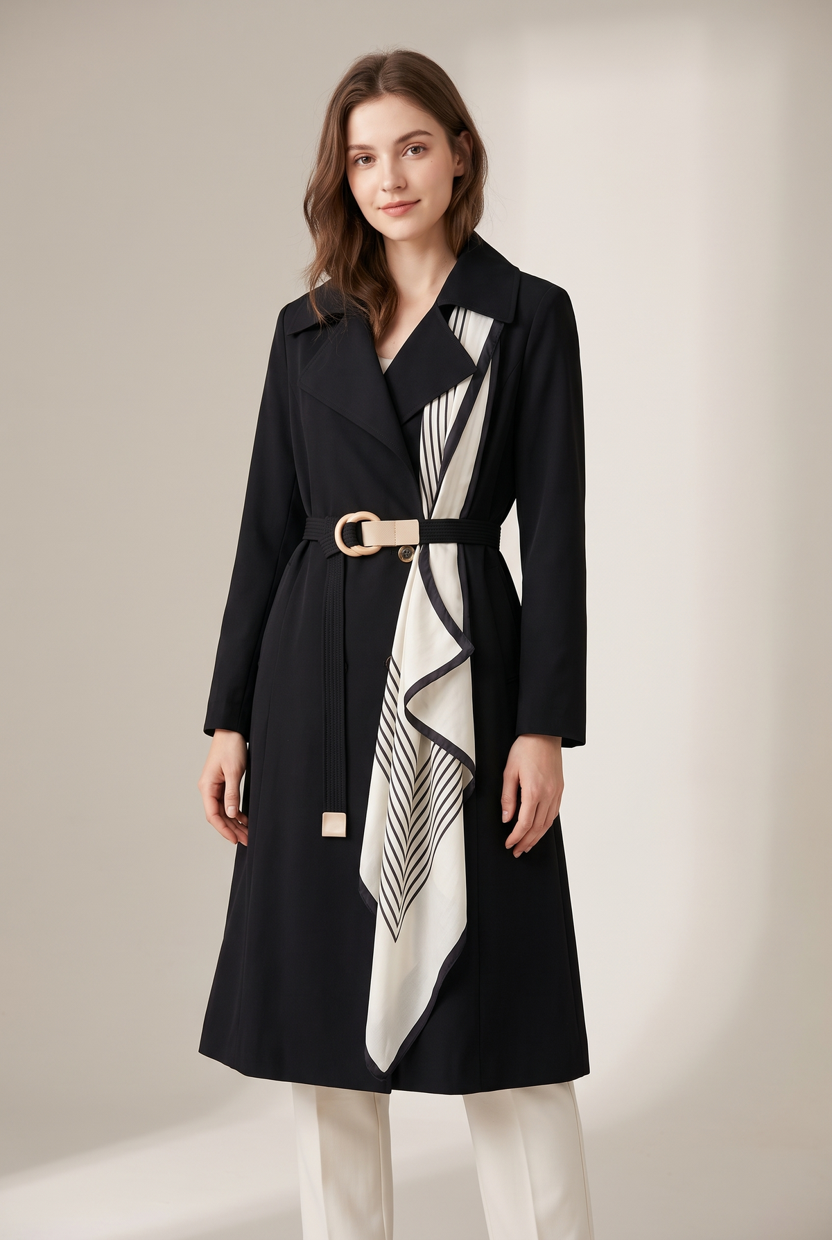 Women's Trench Jacket Belted Classic in Black, on model