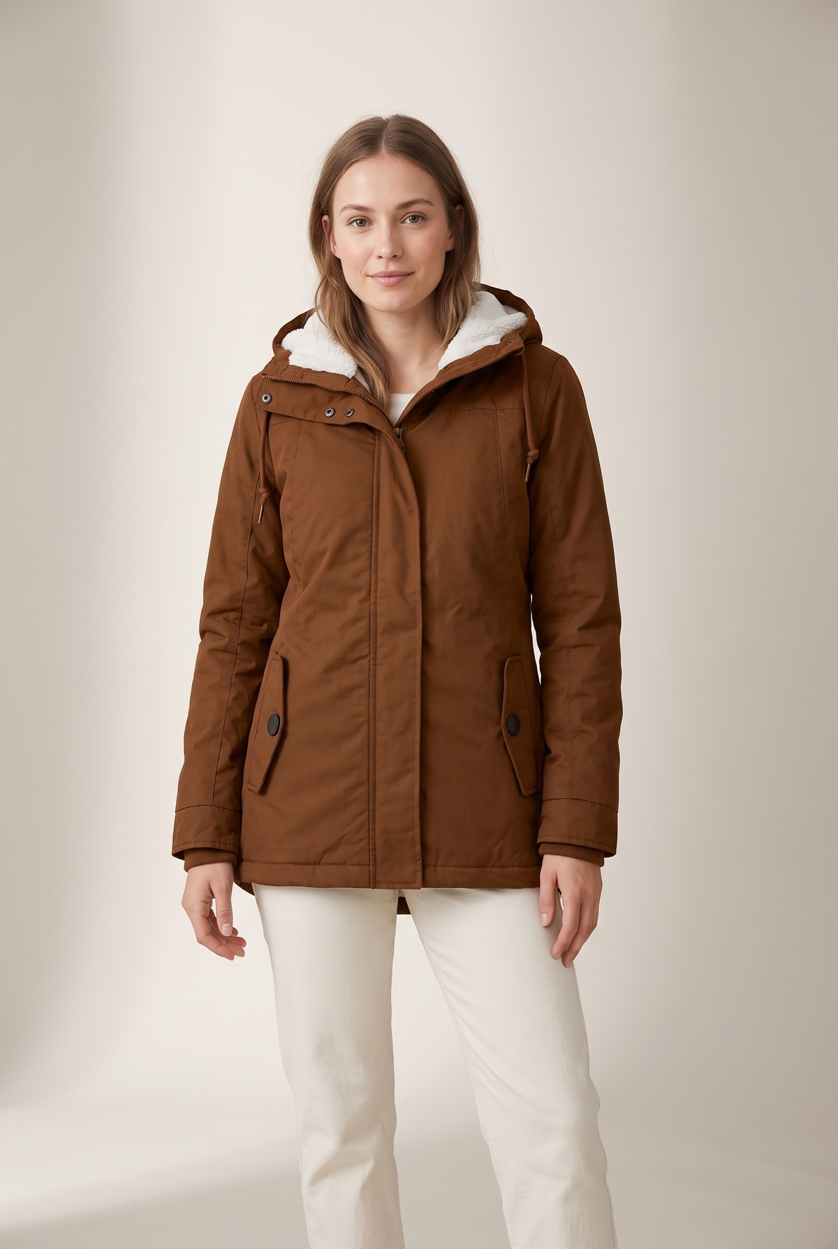 Women's Quilted Jacket Sherpa-Lined Hooded in Brown, on model