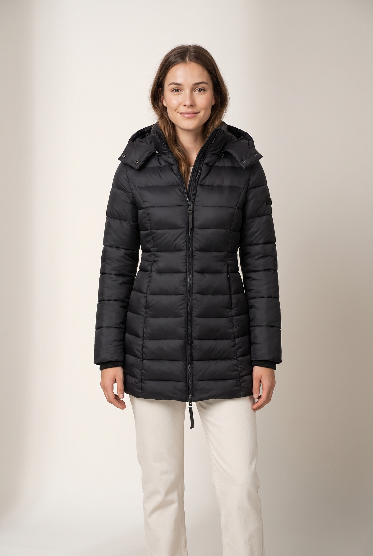 Women's Puffer Jacket Hooded Quilted in Black, on model