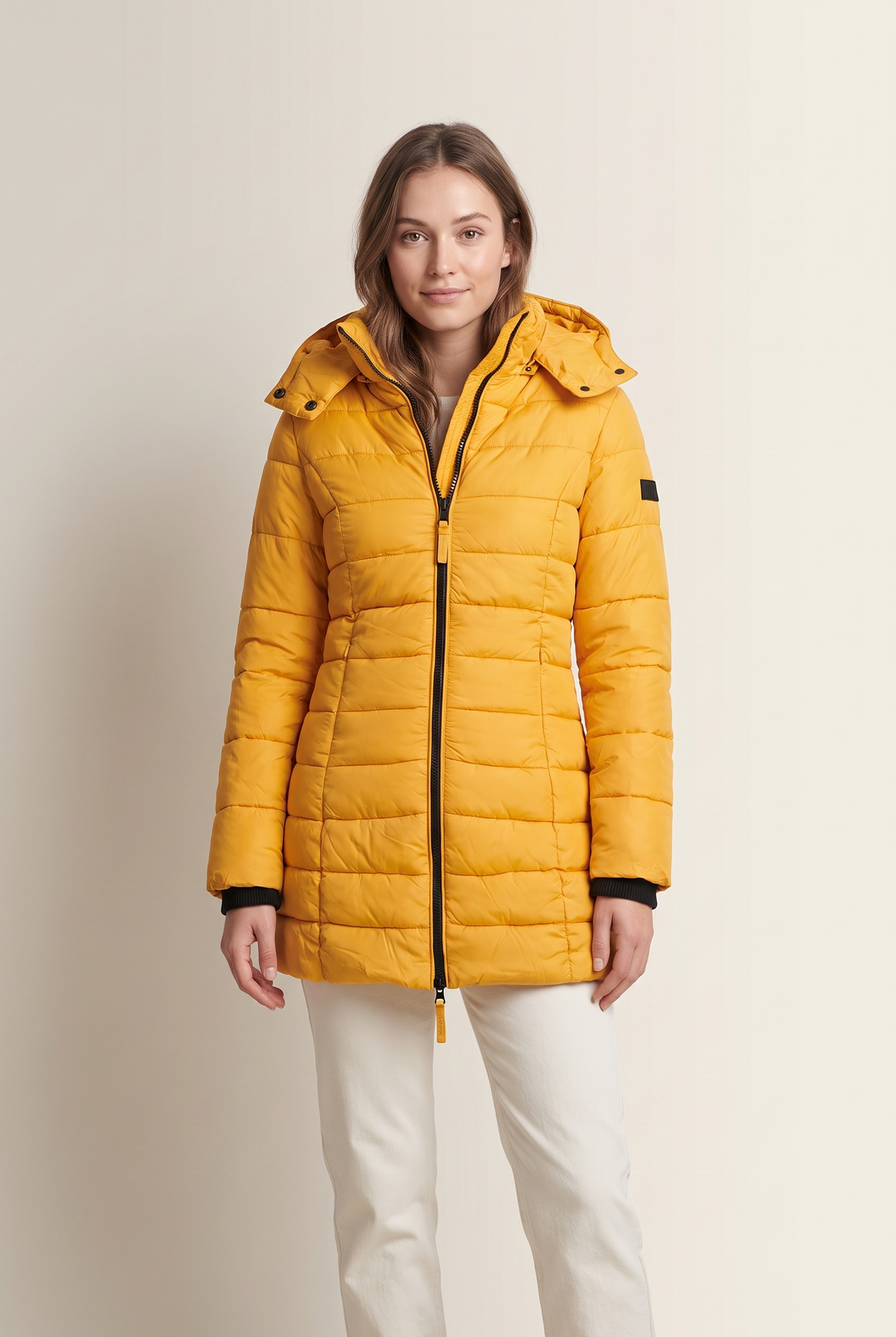 Women's Puffer Jacket Hooded Quilted in Yellow, on model