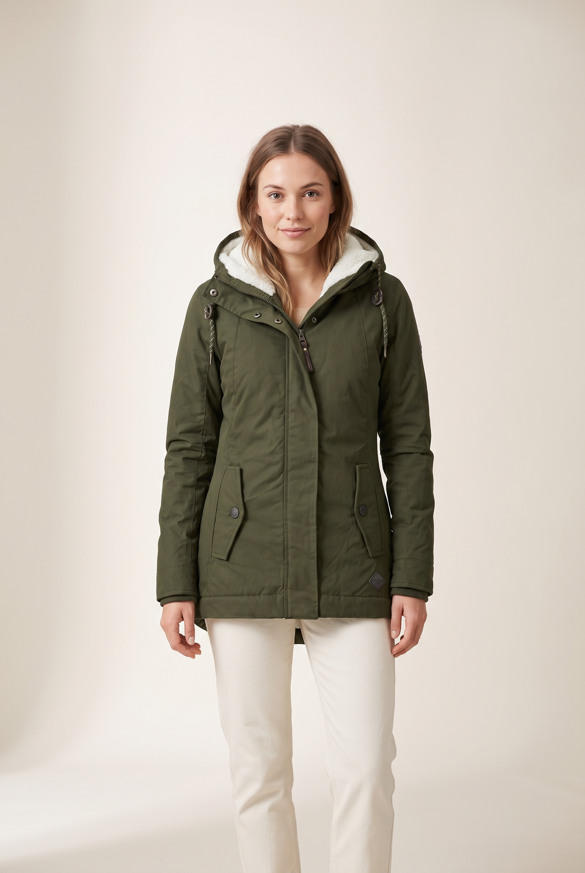 Women's Quilted Jacket Sherpa-Lined Hooded in Green, on model
