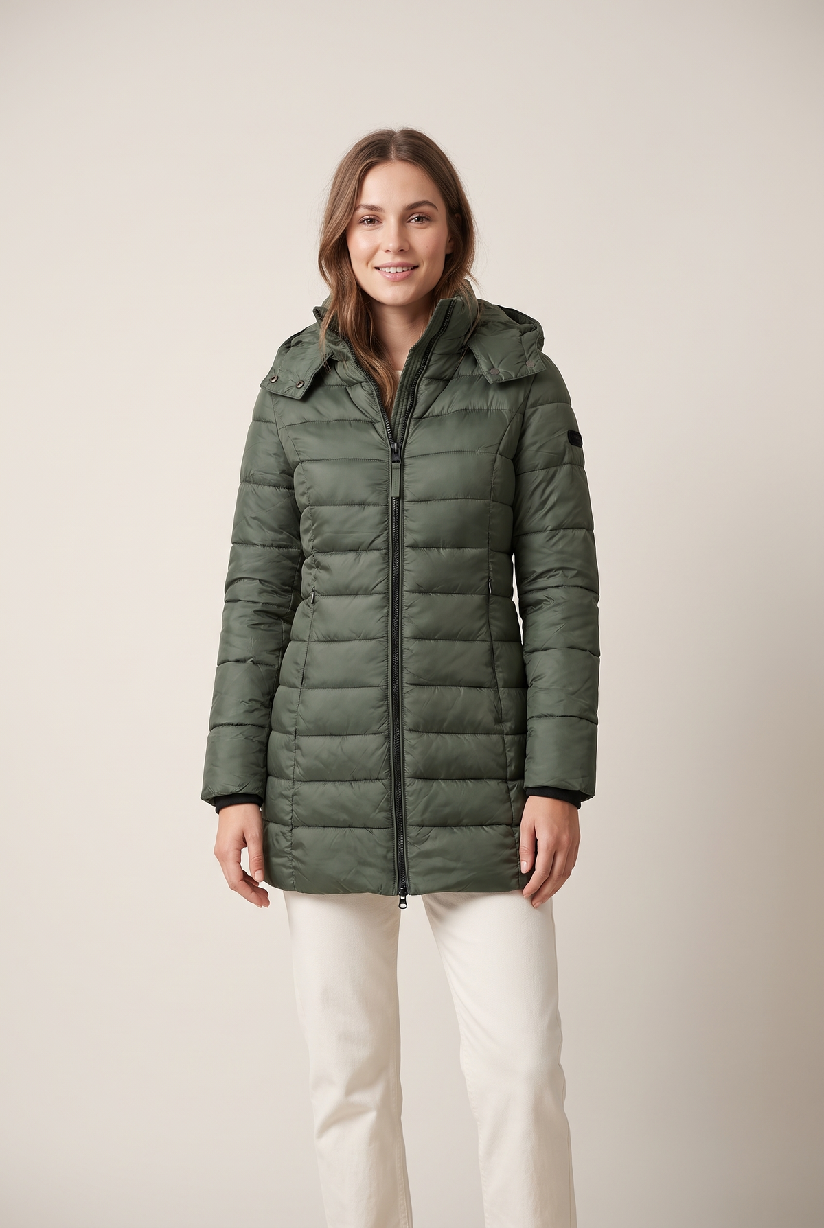 Women's Puffer Jacket Hooded Quilted in Green, on model