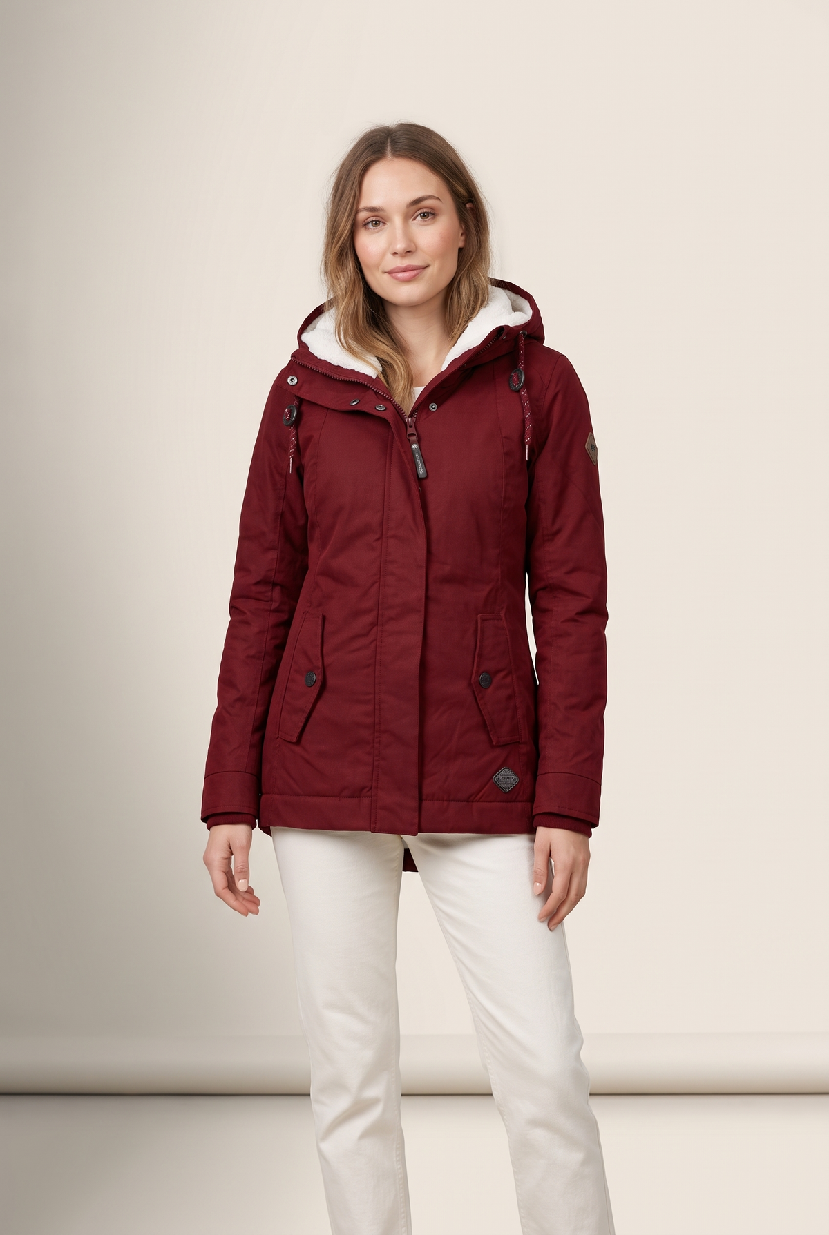 Women's Quilted Jacket Sherpa-Lined Hooded in Red, on model
