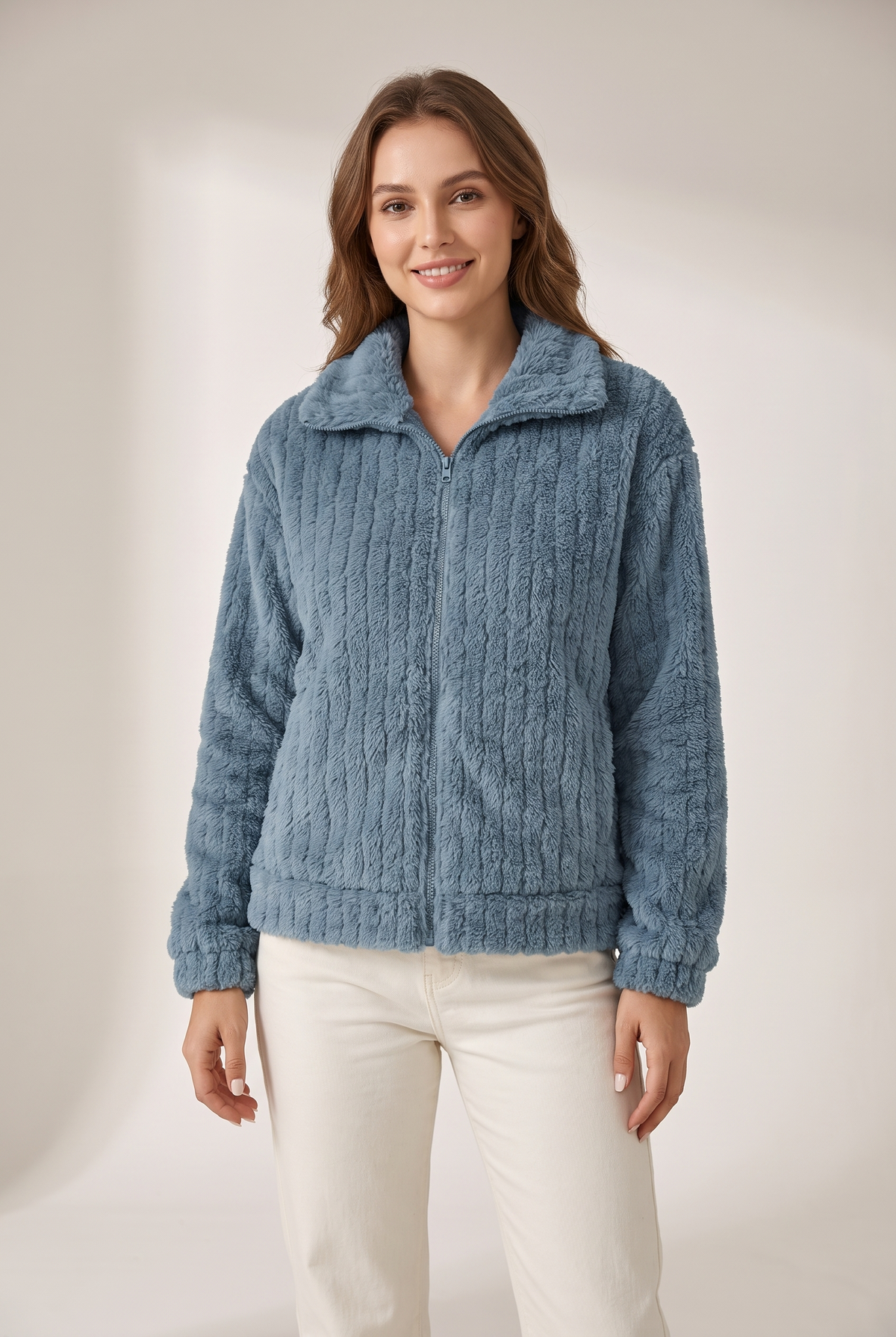 Women's Quilted Winter Jacket Fluffy Zip-Up in Blue, on model