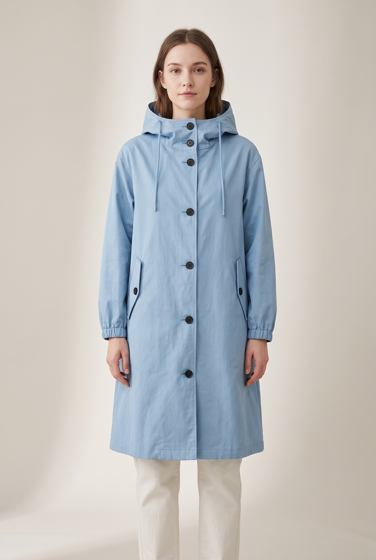 Women's Trench Jacket Oversized in Sky Blue, on model