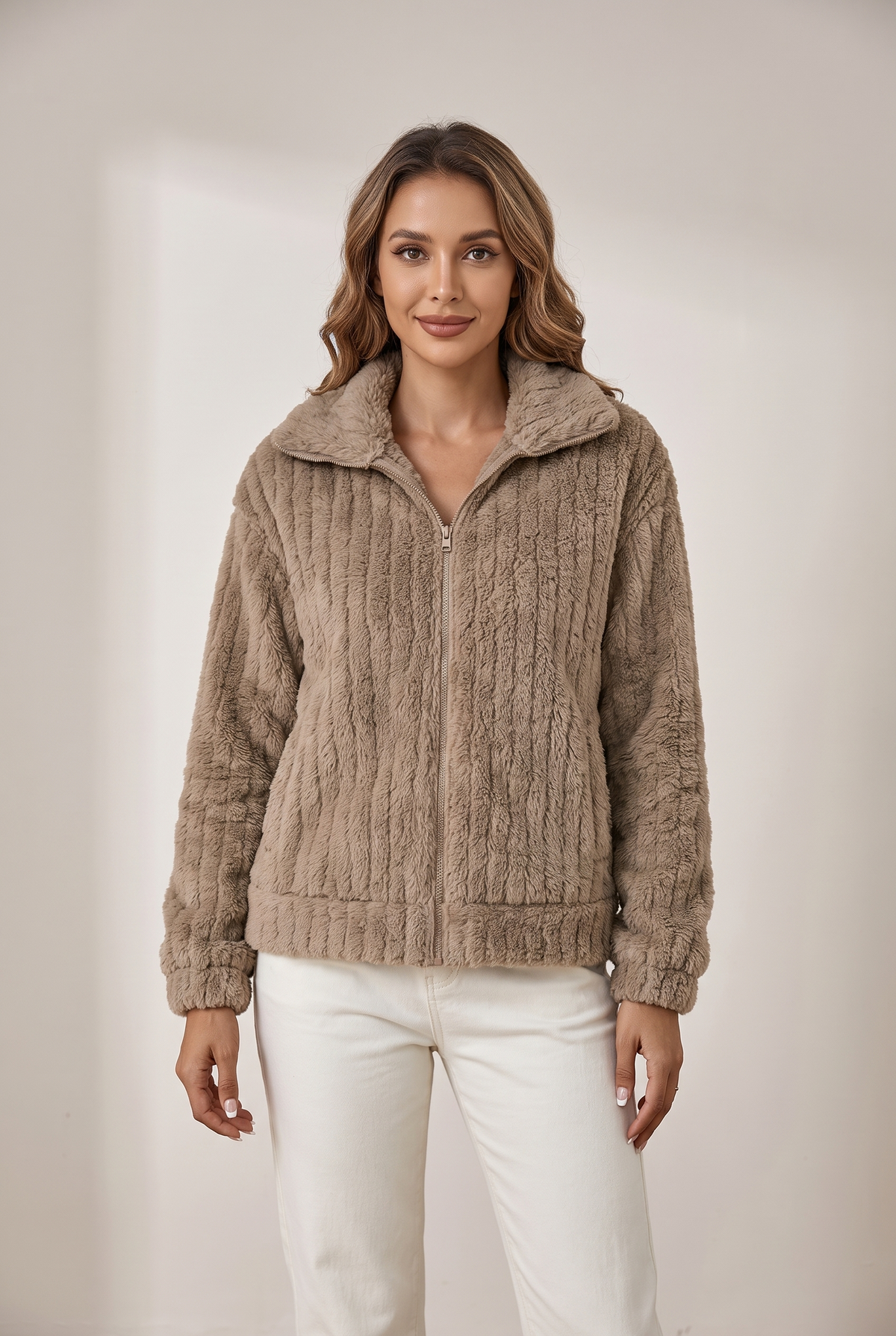 Women's Quilted Winter Jacket Fluffy Zip-Up in Khaki, on model