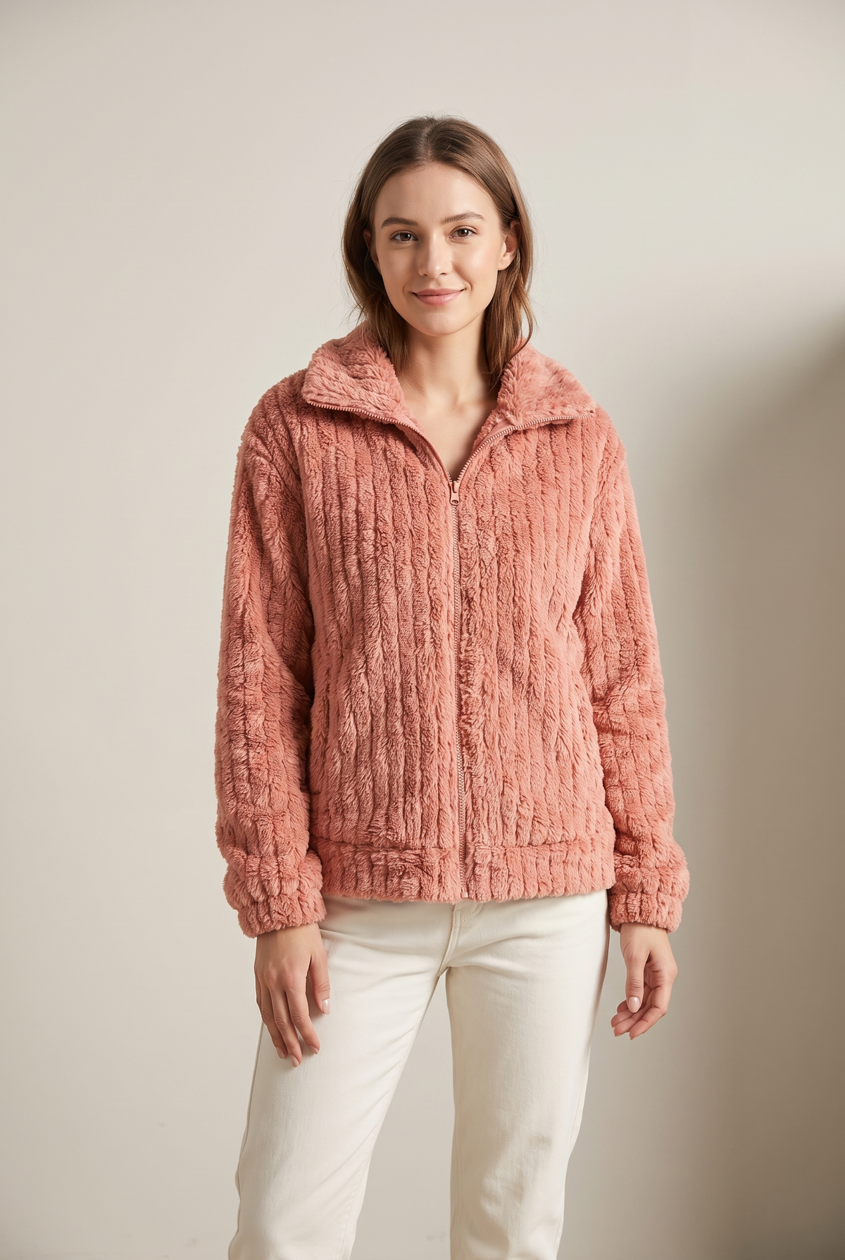 Women's Quilted Winter Jacket Fluffy Zip-Up in Rose, on model