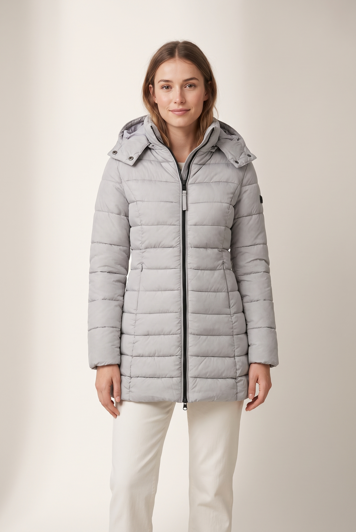 Women's Puffer Jacket Hooded Quilted in Gray, on model