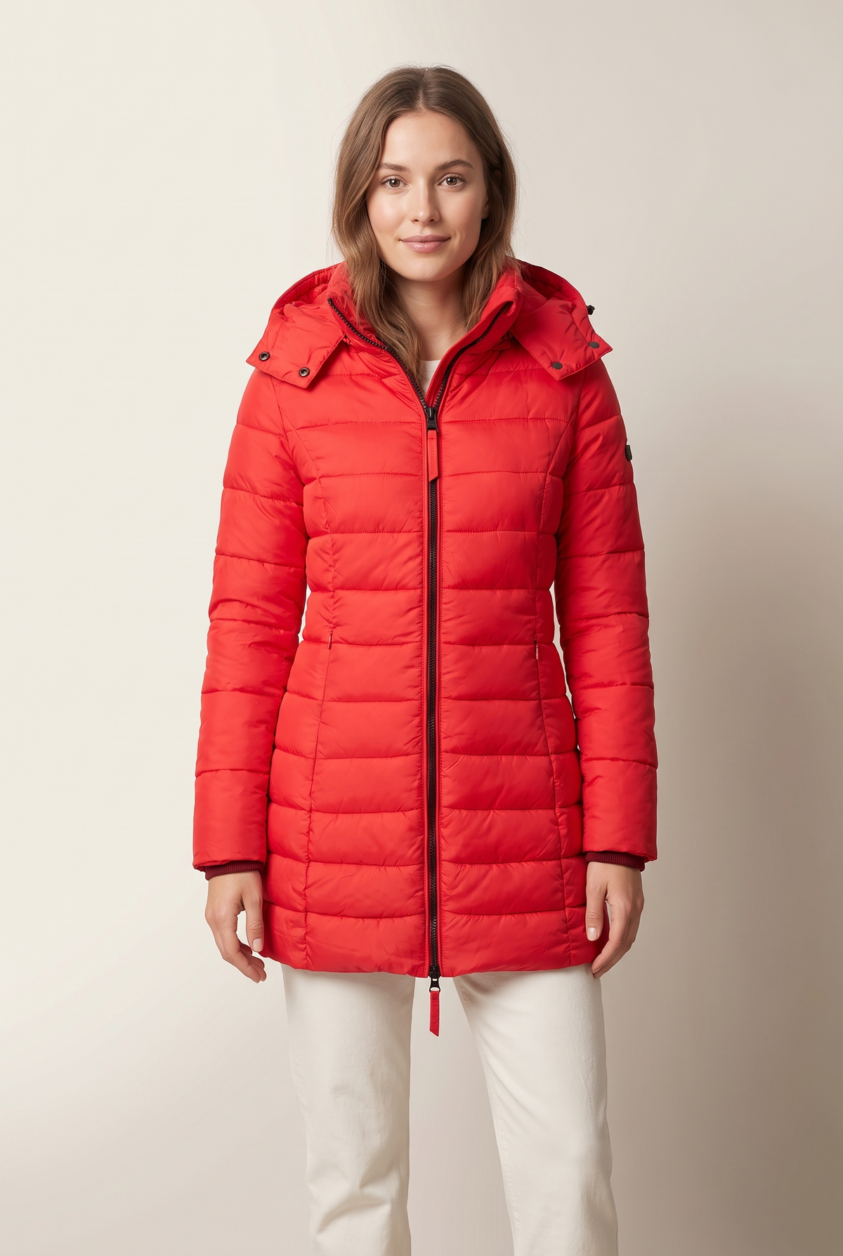 Women's Puffer Jacket Hooded Quilted in Red, on model