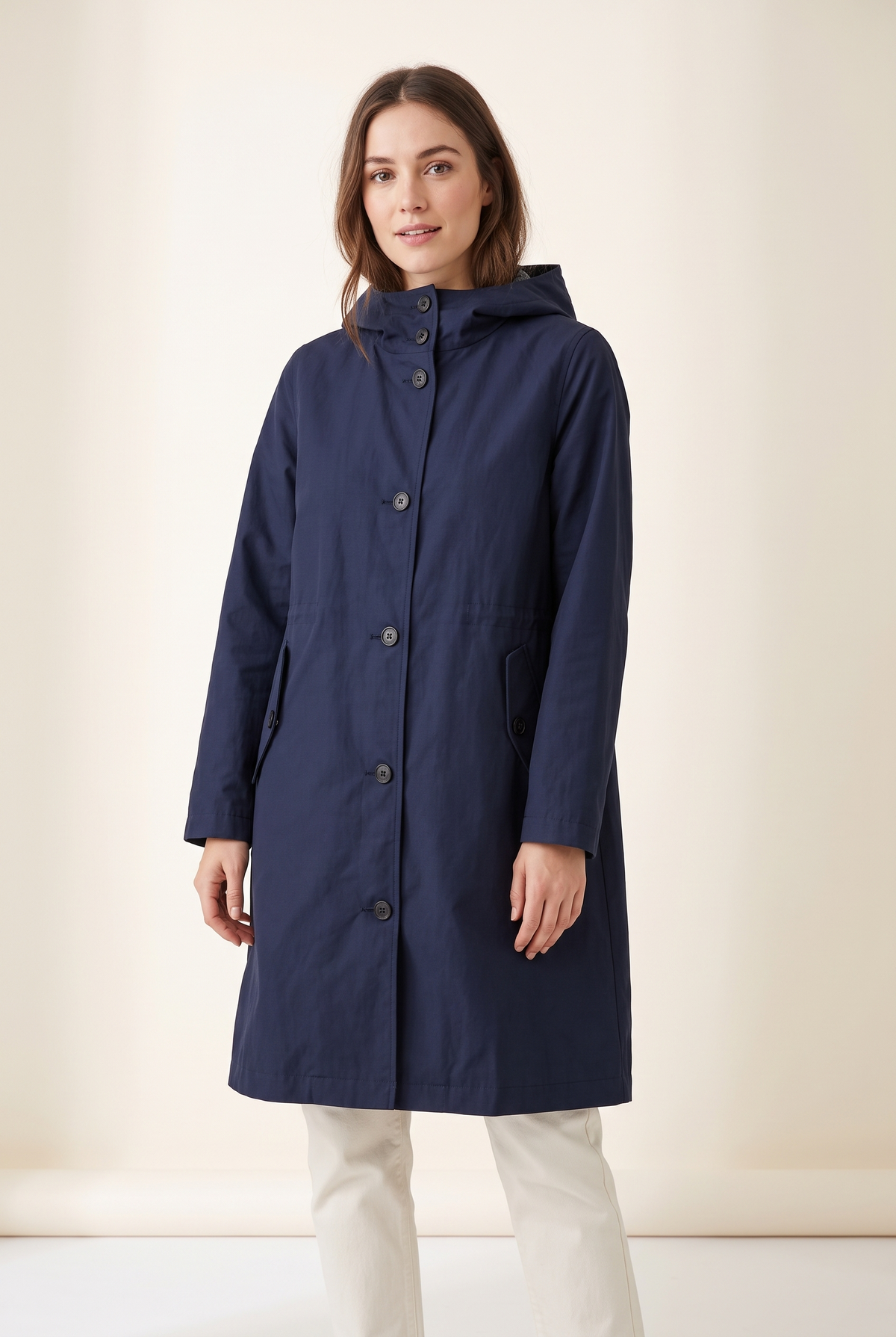 Women's Trench Jacket Oversized in Navy Blue, on model