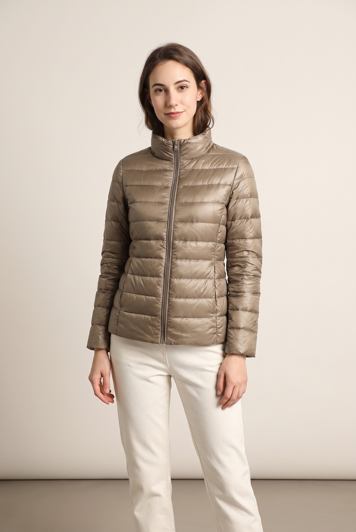 Women's Puffer Jacket Lightweight Quilted in Khaki, on model