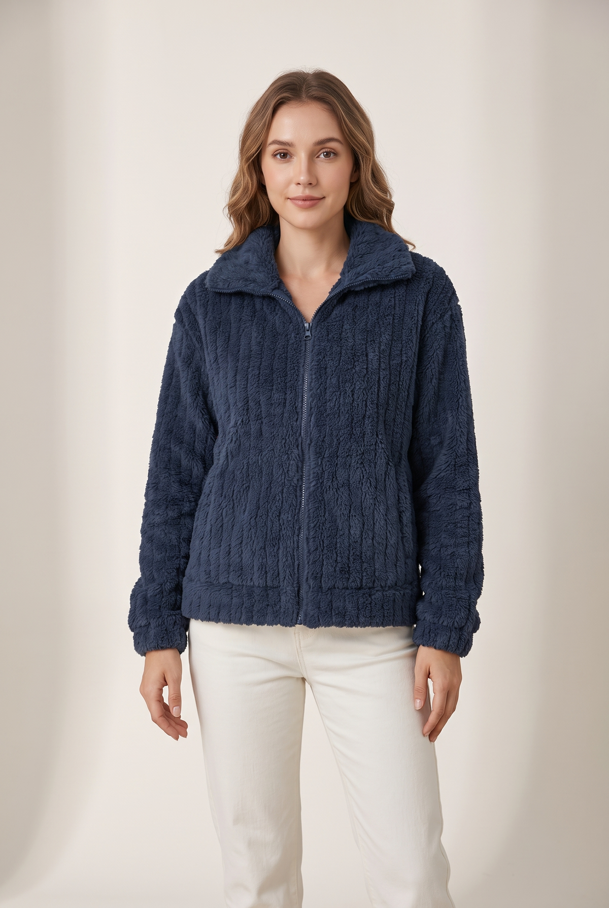 Women's Quilted Winter Jacket Fluffy Zip-Up in Navy Blue, on model