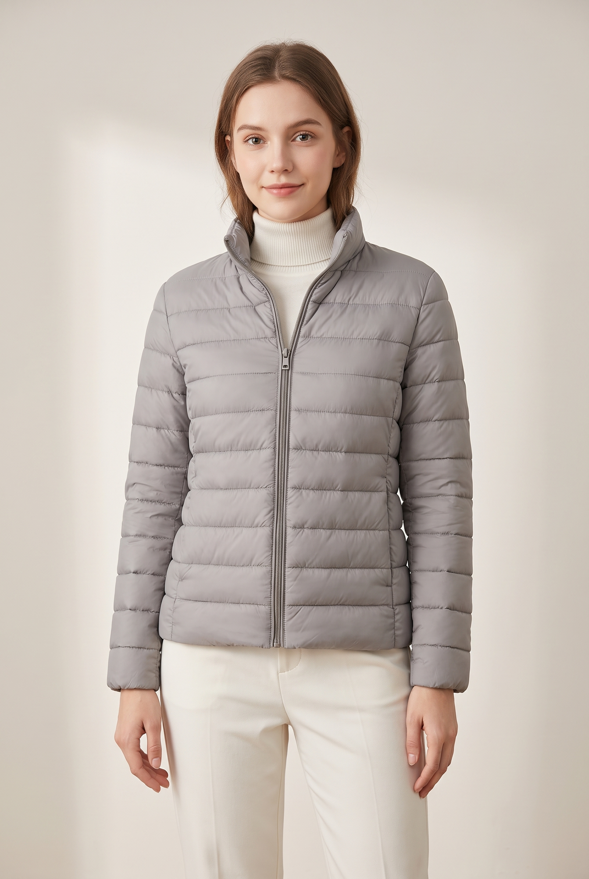 Women's Puffer Jacket Lightweight Quilted in Gray, on model