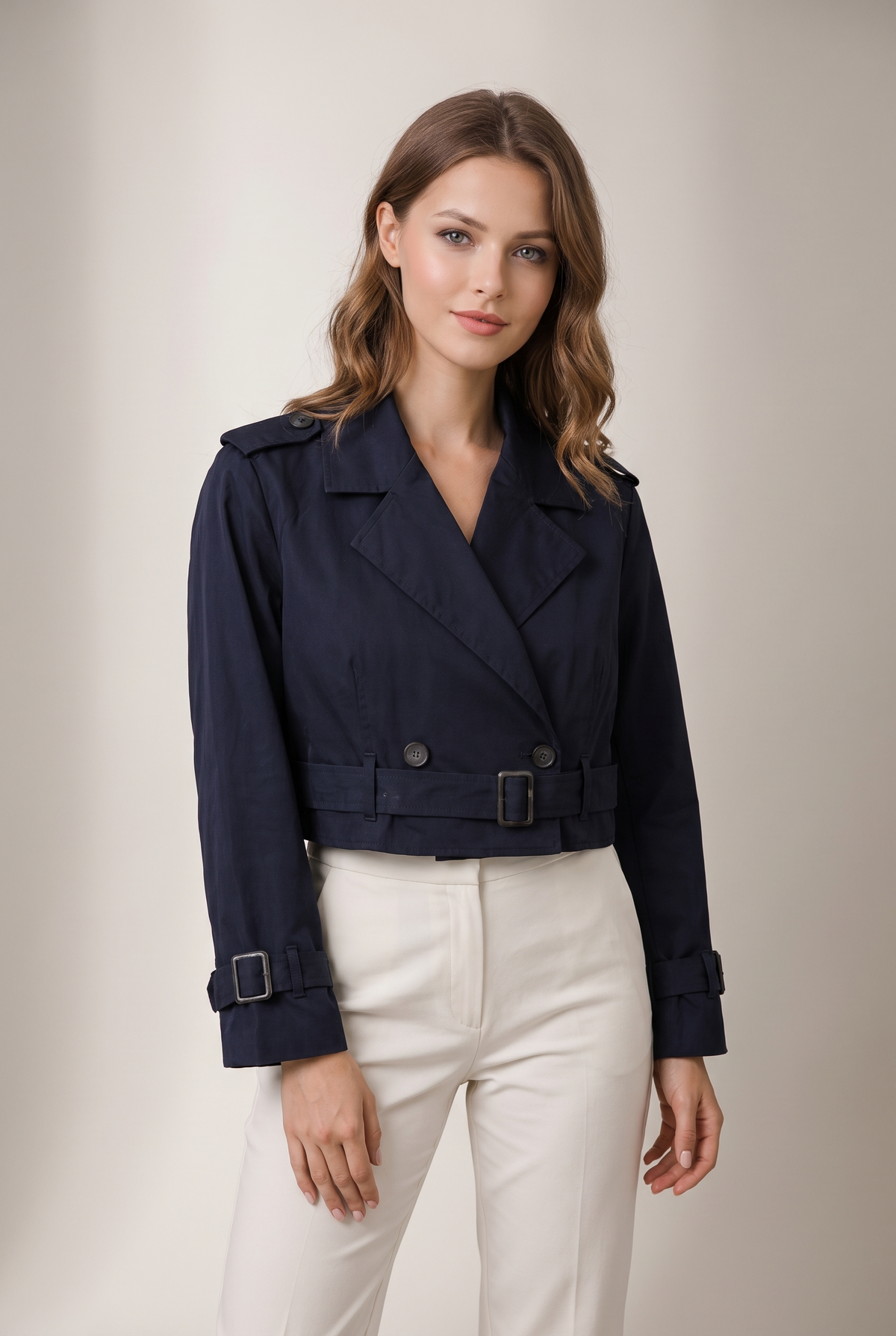Women's Trench Jacket Cropped Button-Front in Navy Blue, on model