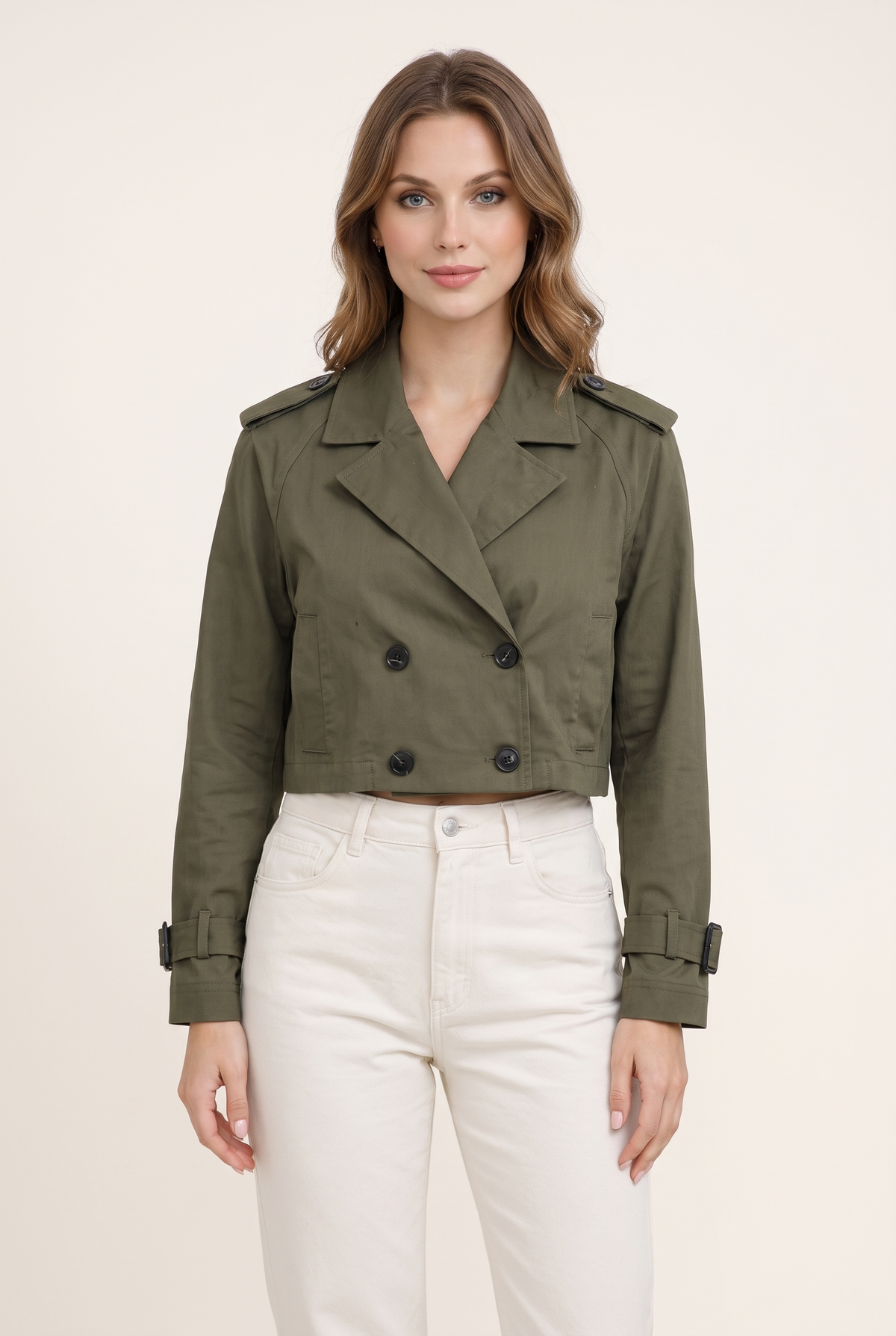 Women's Trench Jacket Cropped Button-Front in Army Green, on model
