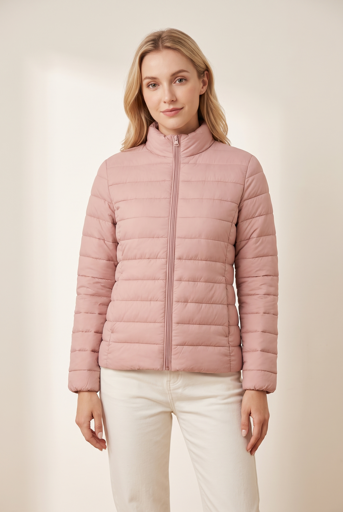 Women's Puffer Jacket Lightweight Quilted in Pink, on model