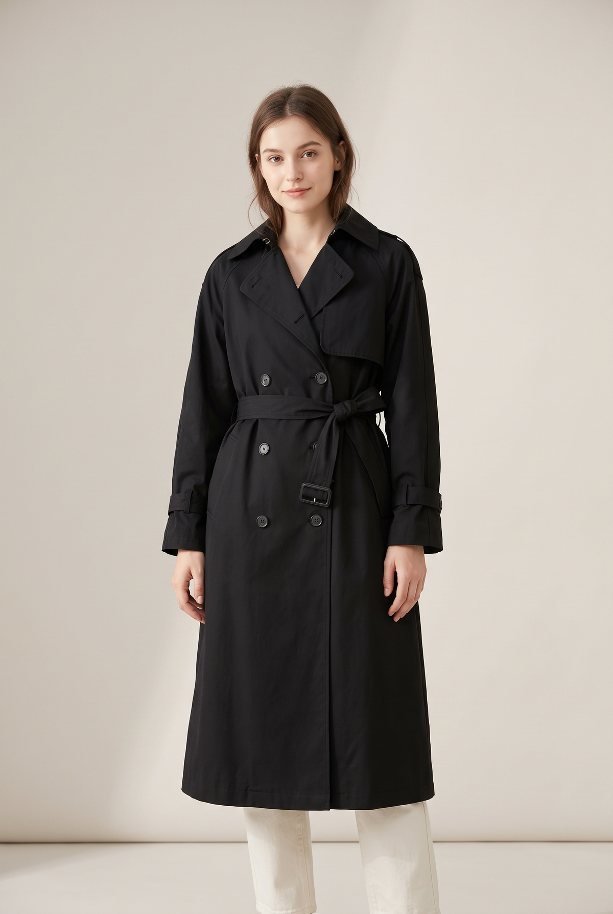 Women's Trench Jacket Long Oversized Double-Breasted in Black, on model