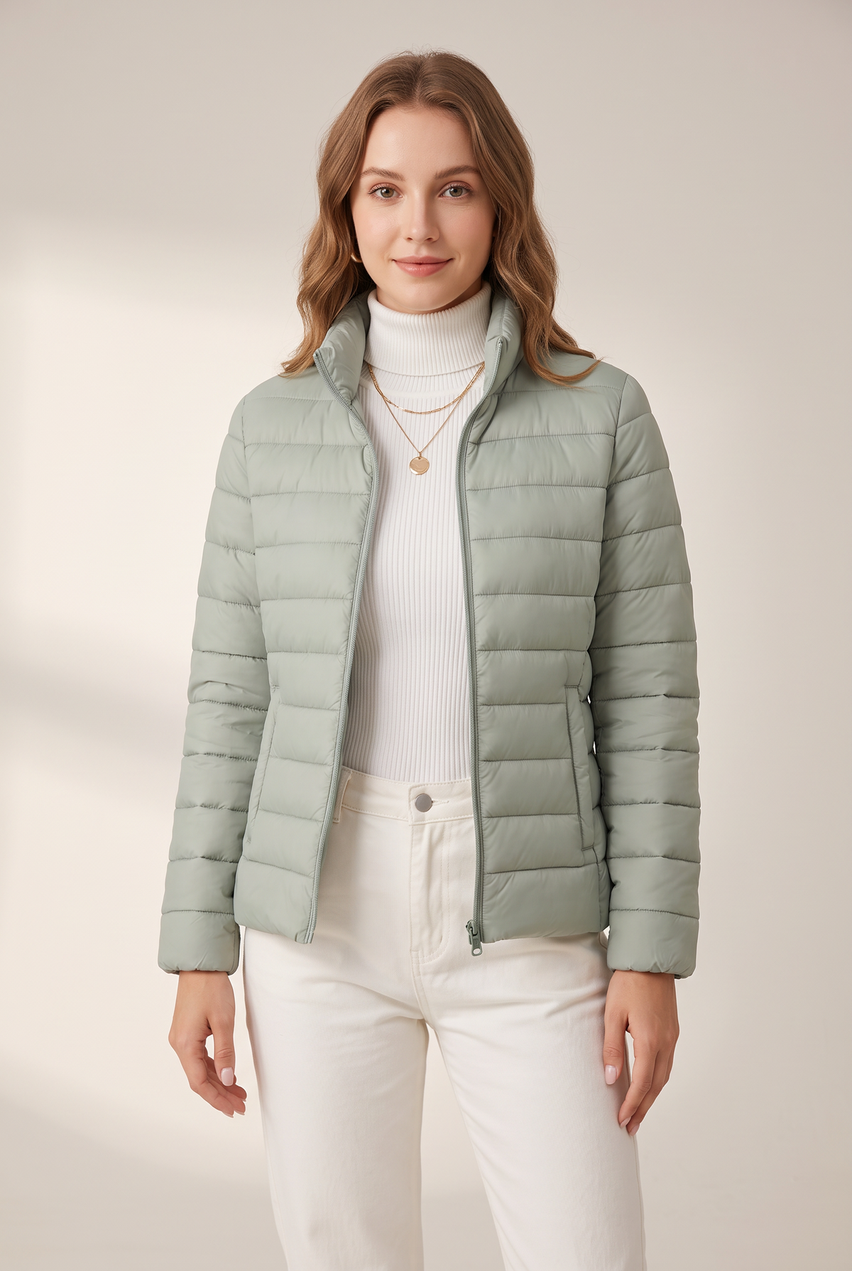 Women's Puffer Jacket Lightweight Quilted in Sage Green, on model
